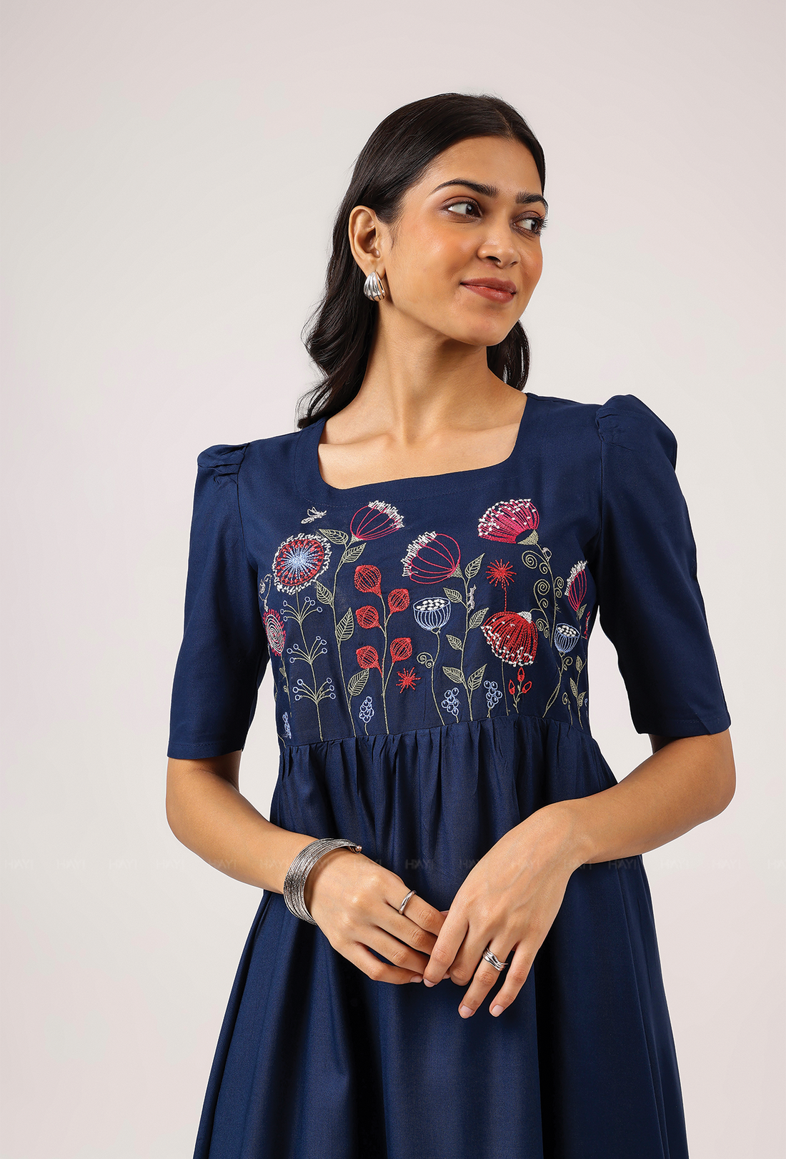 Dark Blue with Hovering Dreams floral Embroidery Viscose Dress