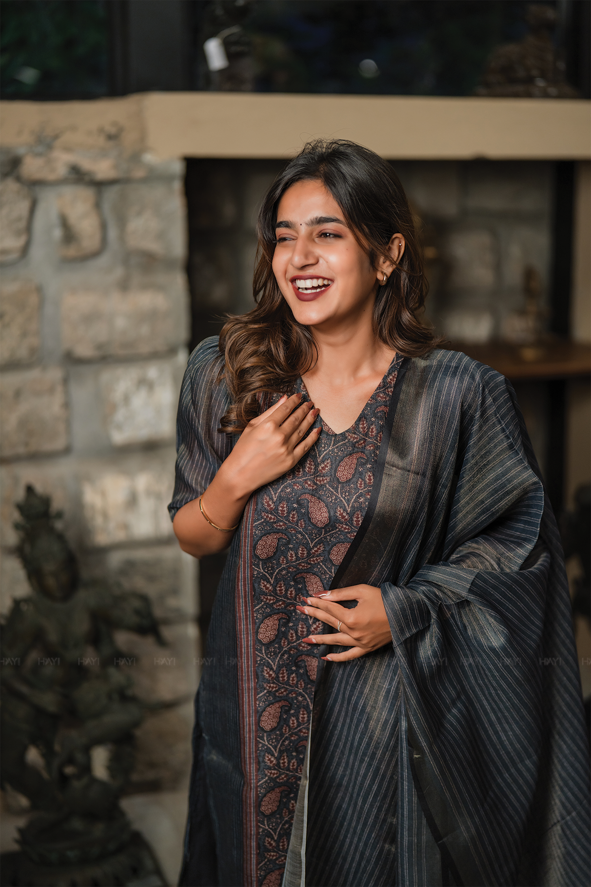 Elysia Navy printed 2 Piece Linen Shimmer Kurta with Dupatta