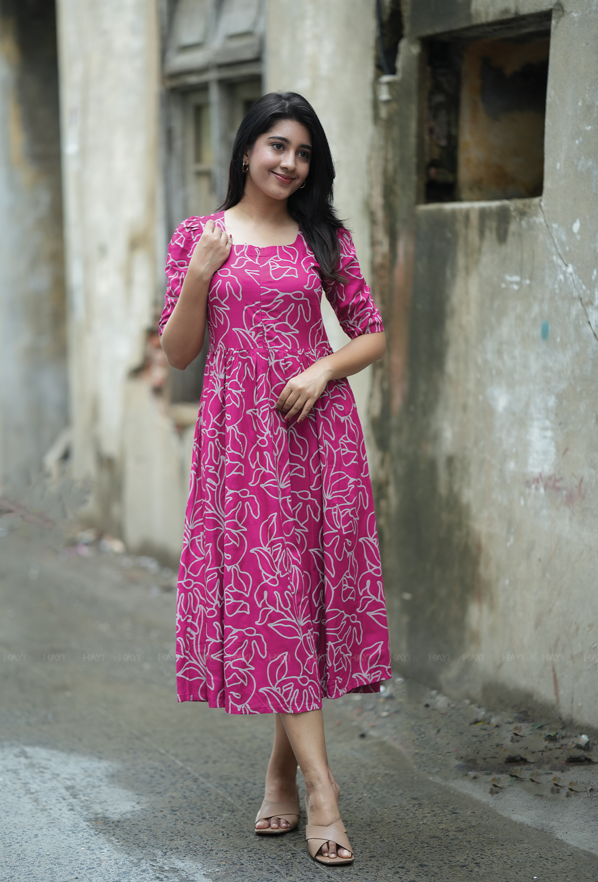 Dark Pink with Fuchsia Cluster floral printed Maternity and Feeding Dress