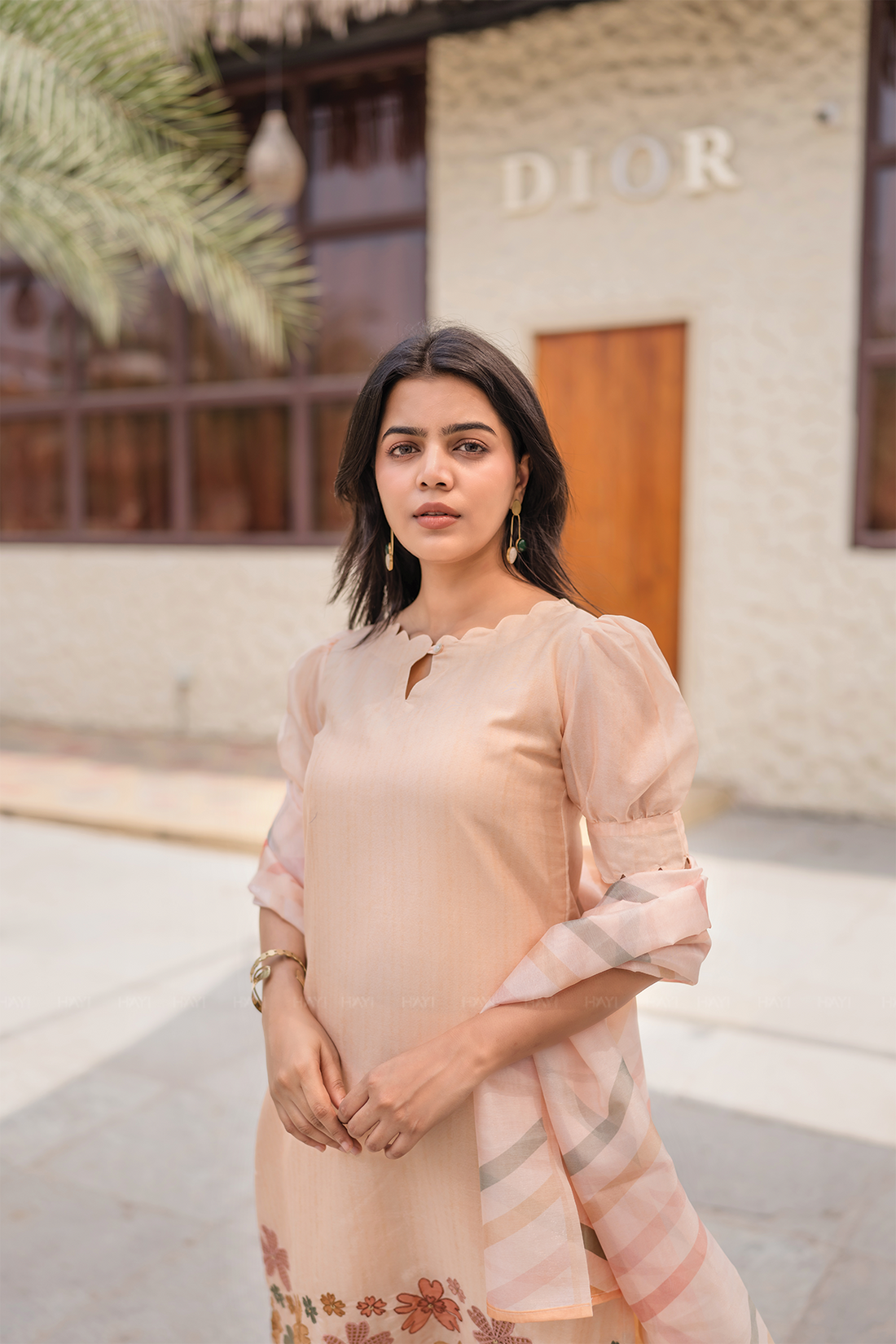 Buttercup Beige Embroidered 3 Piece Tissue silk blend Kurta with Pant & Dupatta