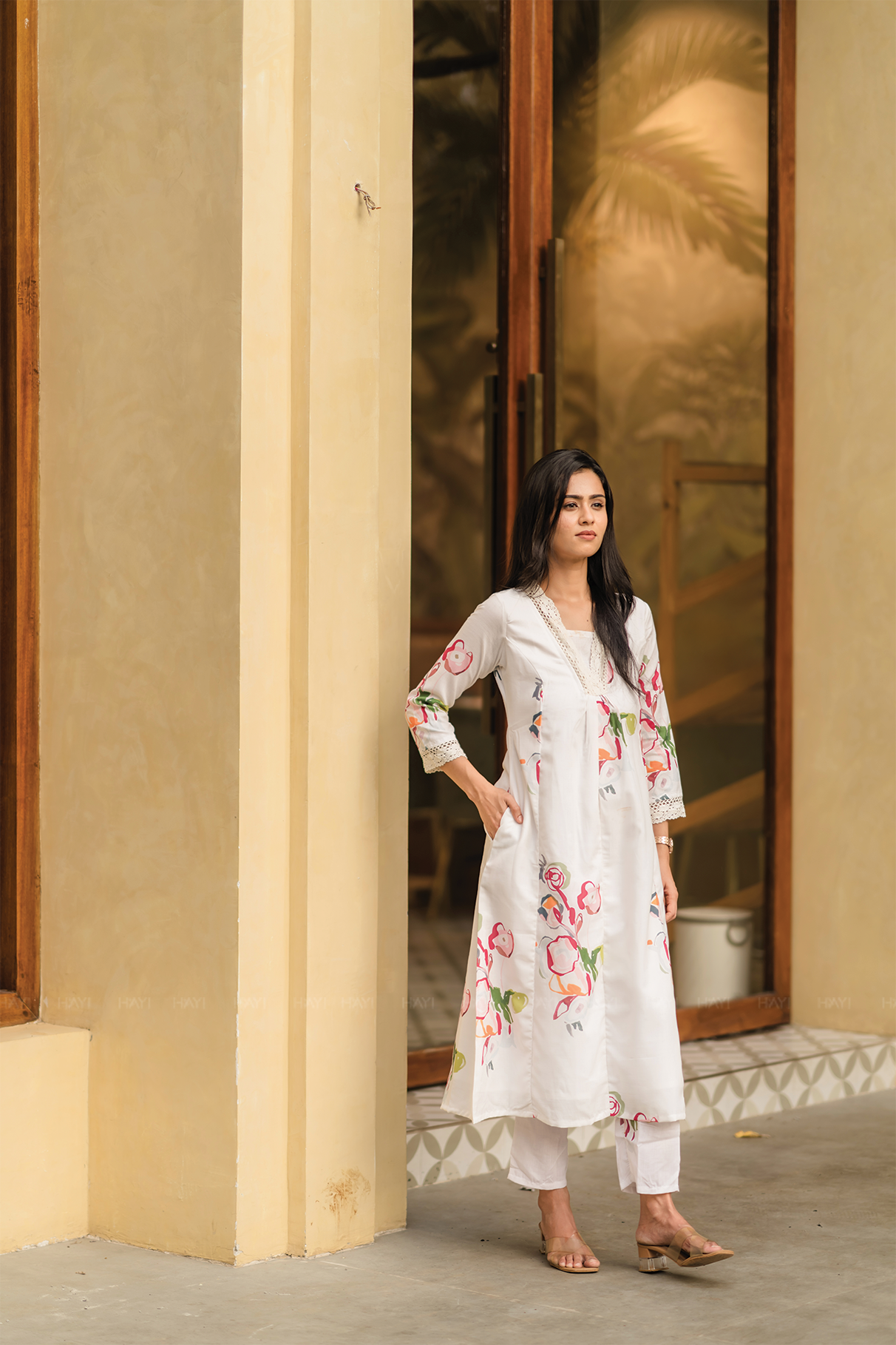 Pastel Floral Dream Half-White Linen Blend Co-ord with V-Neck & Lace