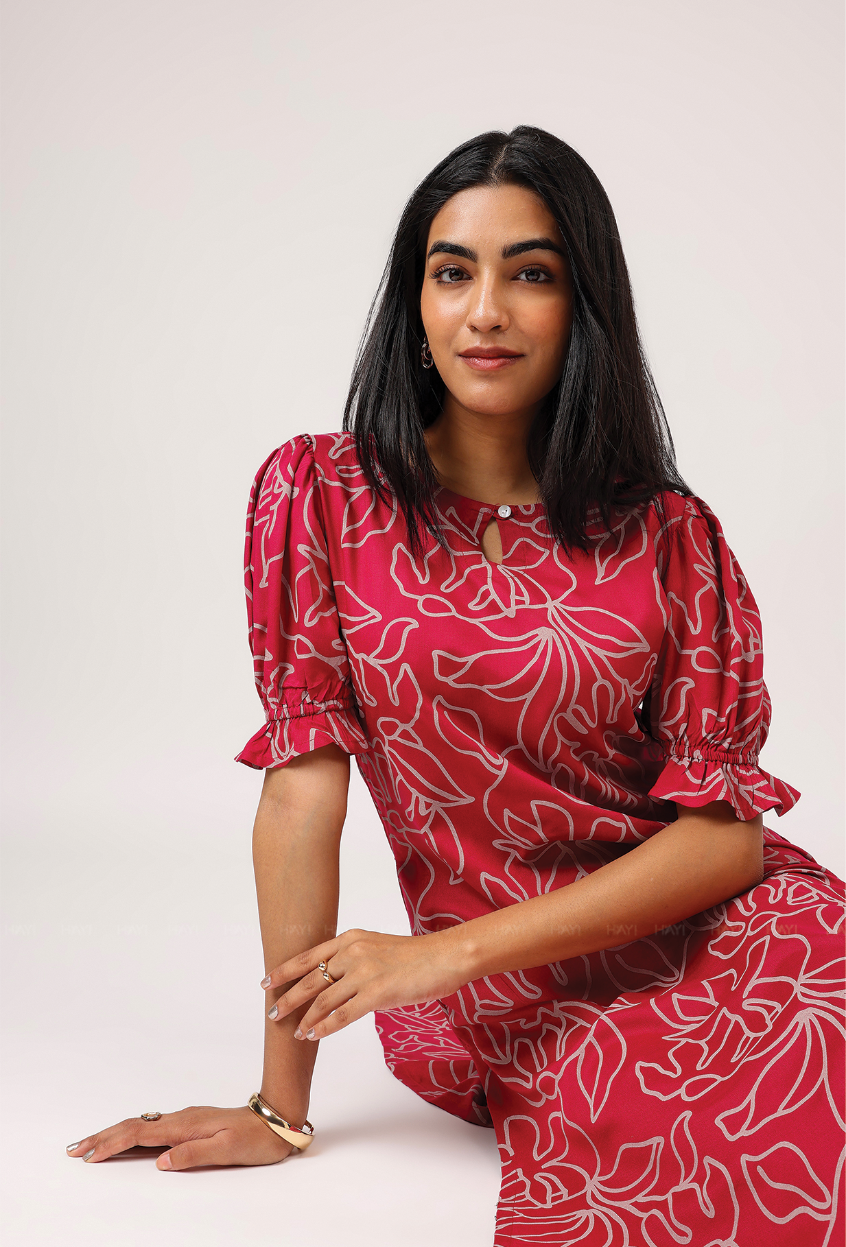 Verdant Dark Pink with Berry Vines floral printed Viscose Kurta