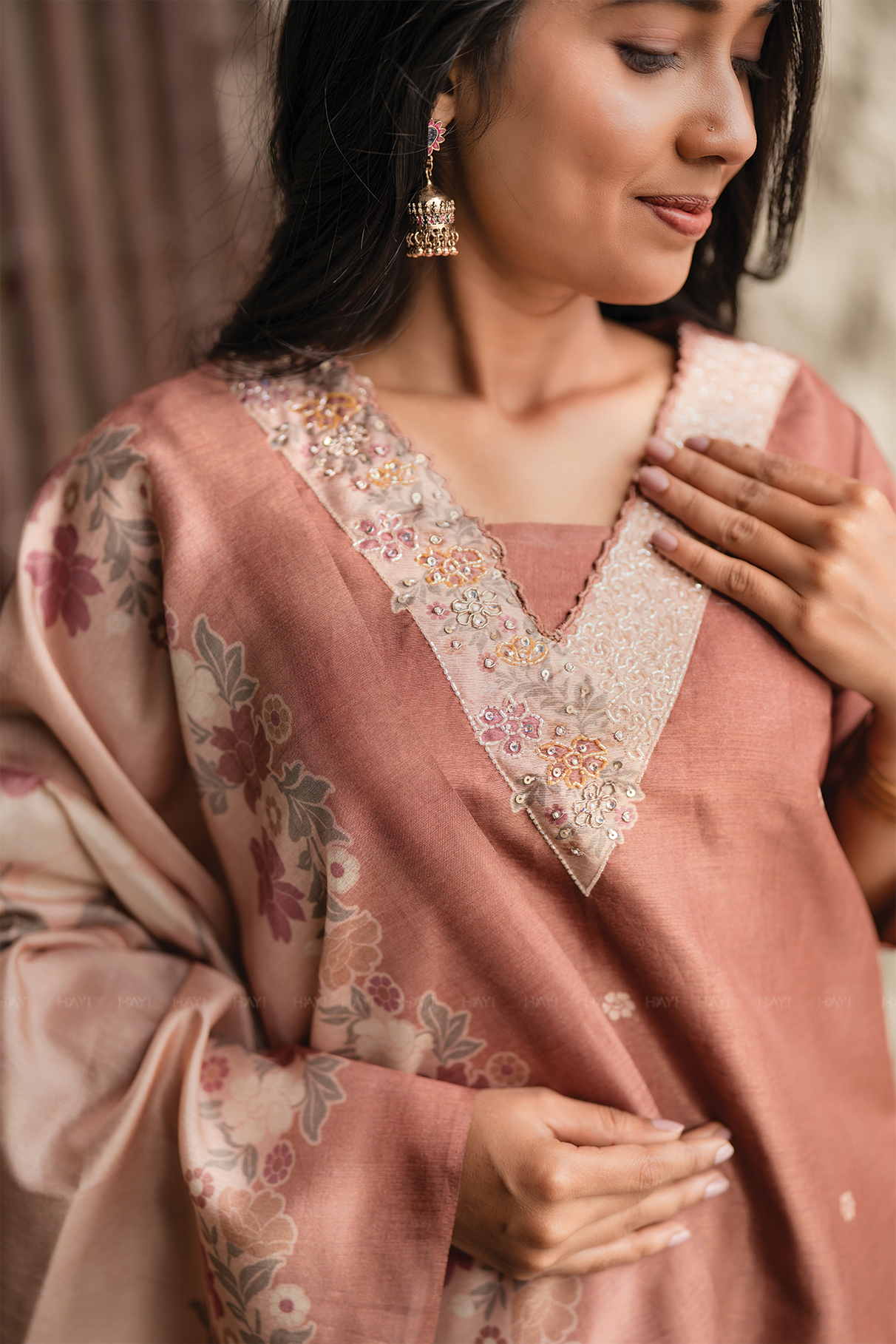 Rubyruche Cinnamon Red Embroidered 3 Piece Organza Silk Blend Kurti Set with Dupatta