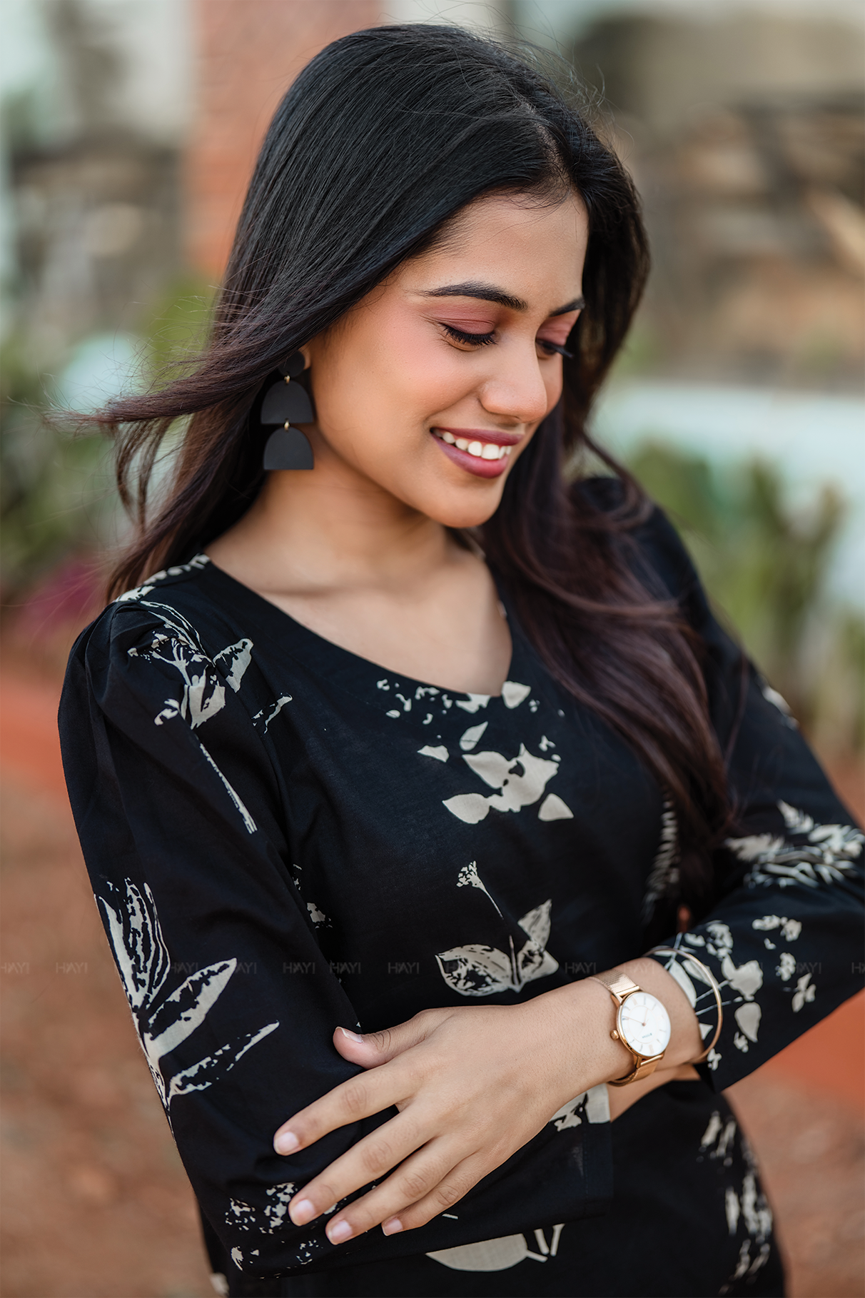 Fogblush Black Cotton Blend Co-ord with V-Neck & Light Puff Sleeves