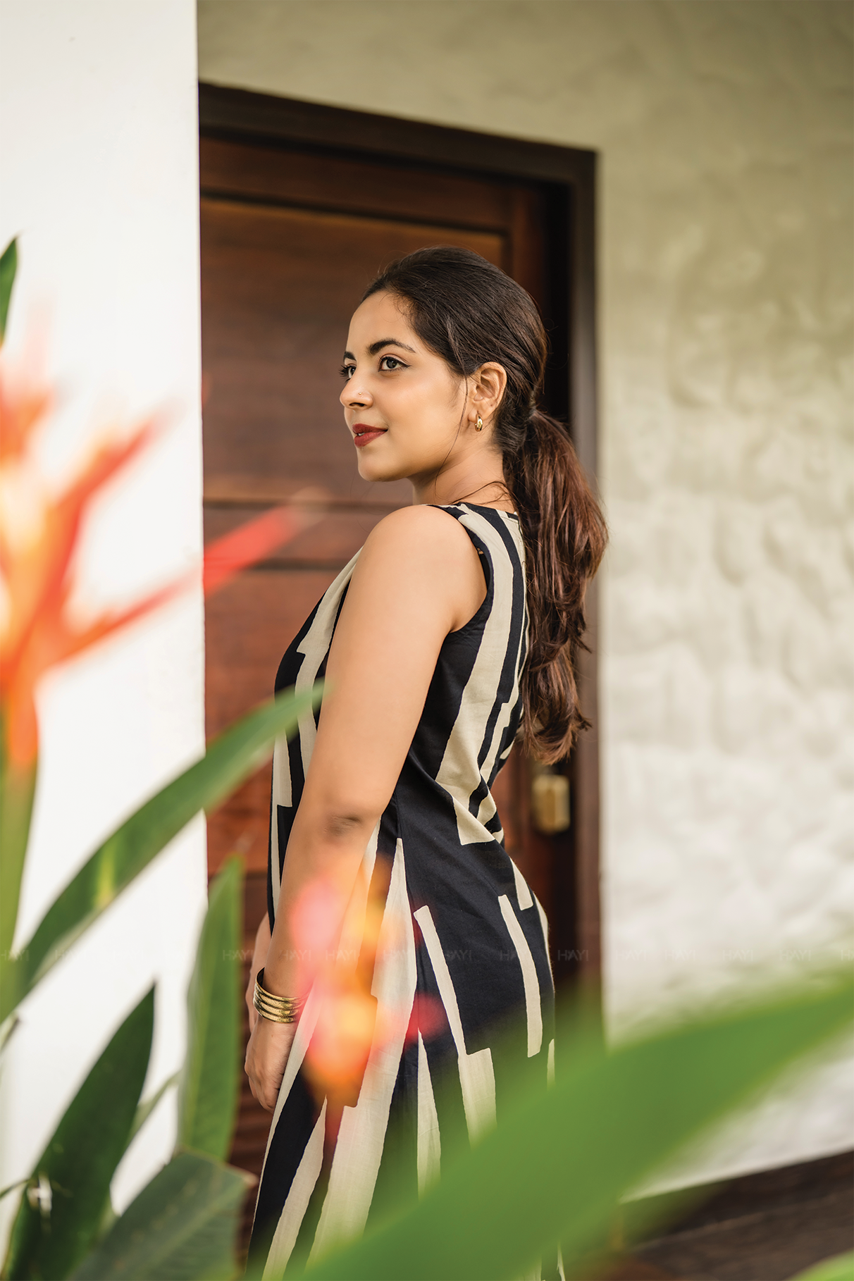 Elegance Chic Black Viscose A-line Dress with Boat Neck & Attached 3/4th Sleeves