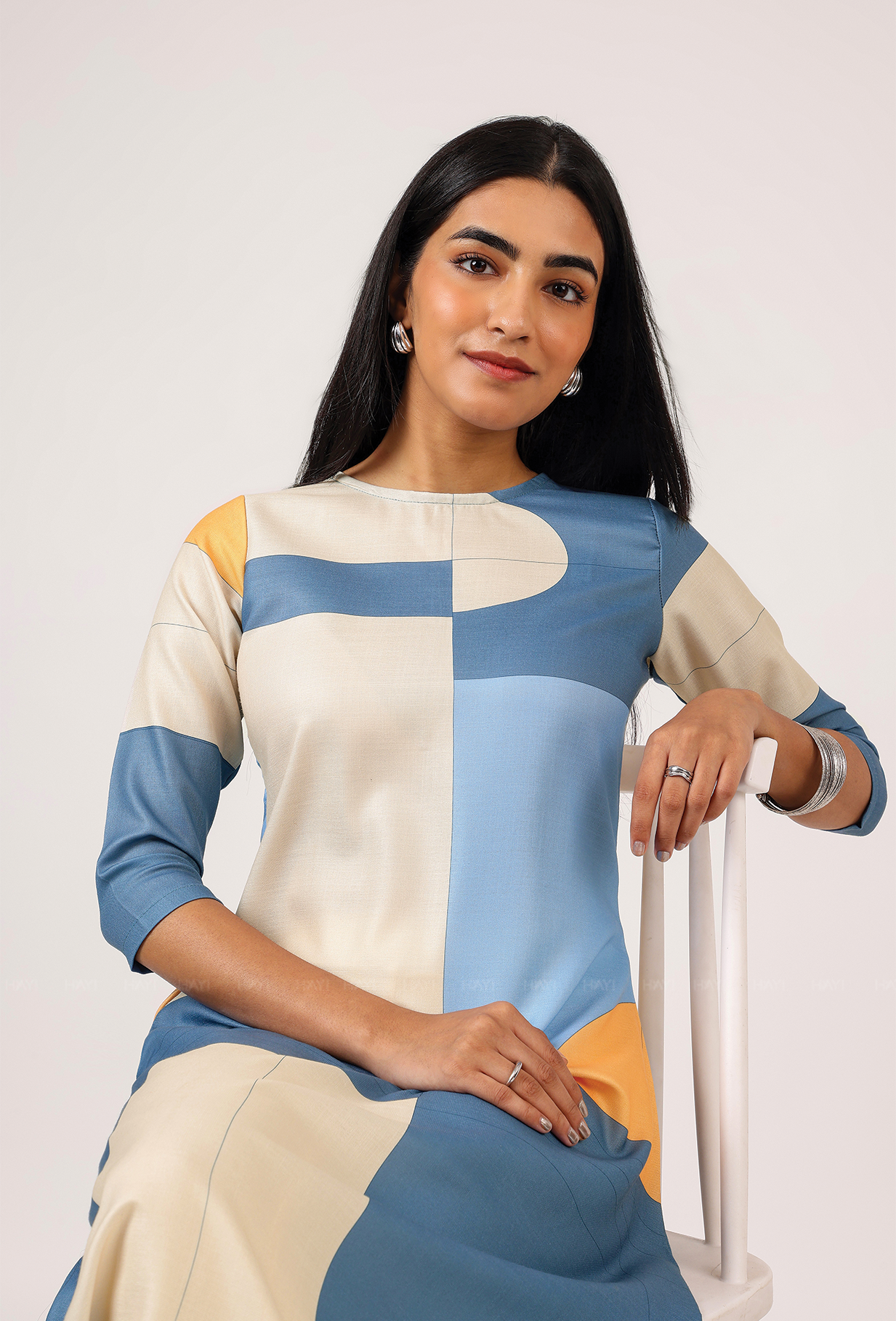Cubed Blue with Grid Maze printed Linen Blend A-line Dress