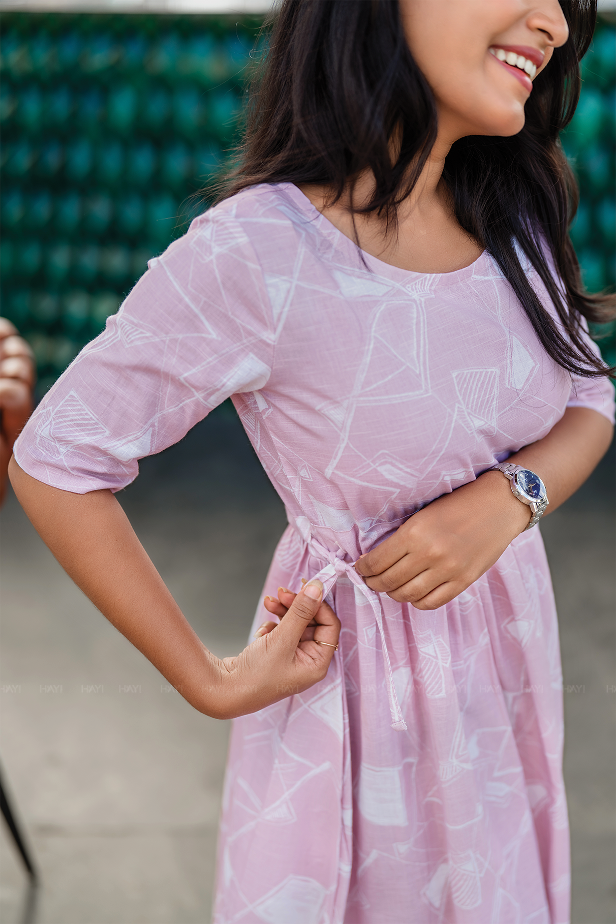 Soft Focus Light Pink Cotton Blend Dress with Round Neck & Fabric Rope Tie
