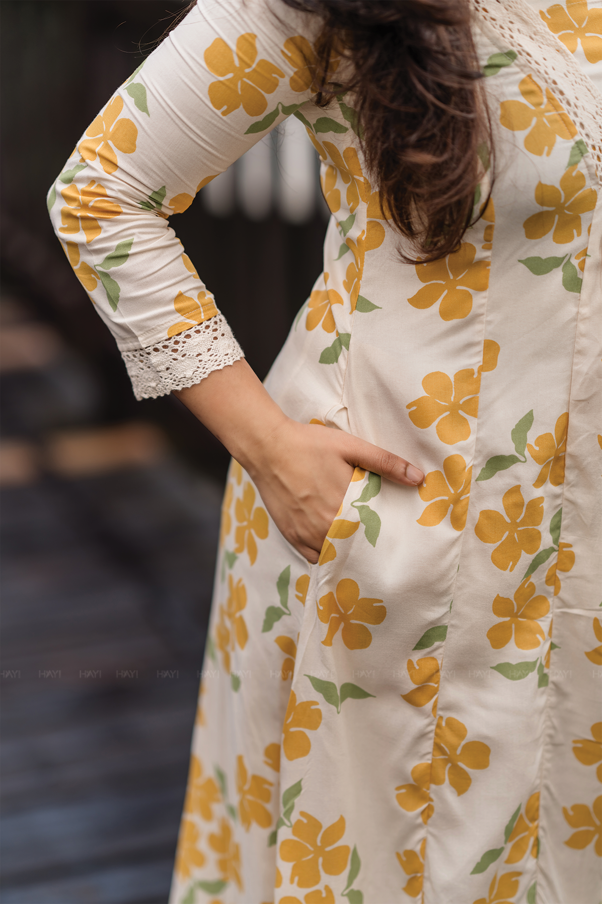 Sunpetal Bloom Beige Viscose Dress with V-Neck & Lace