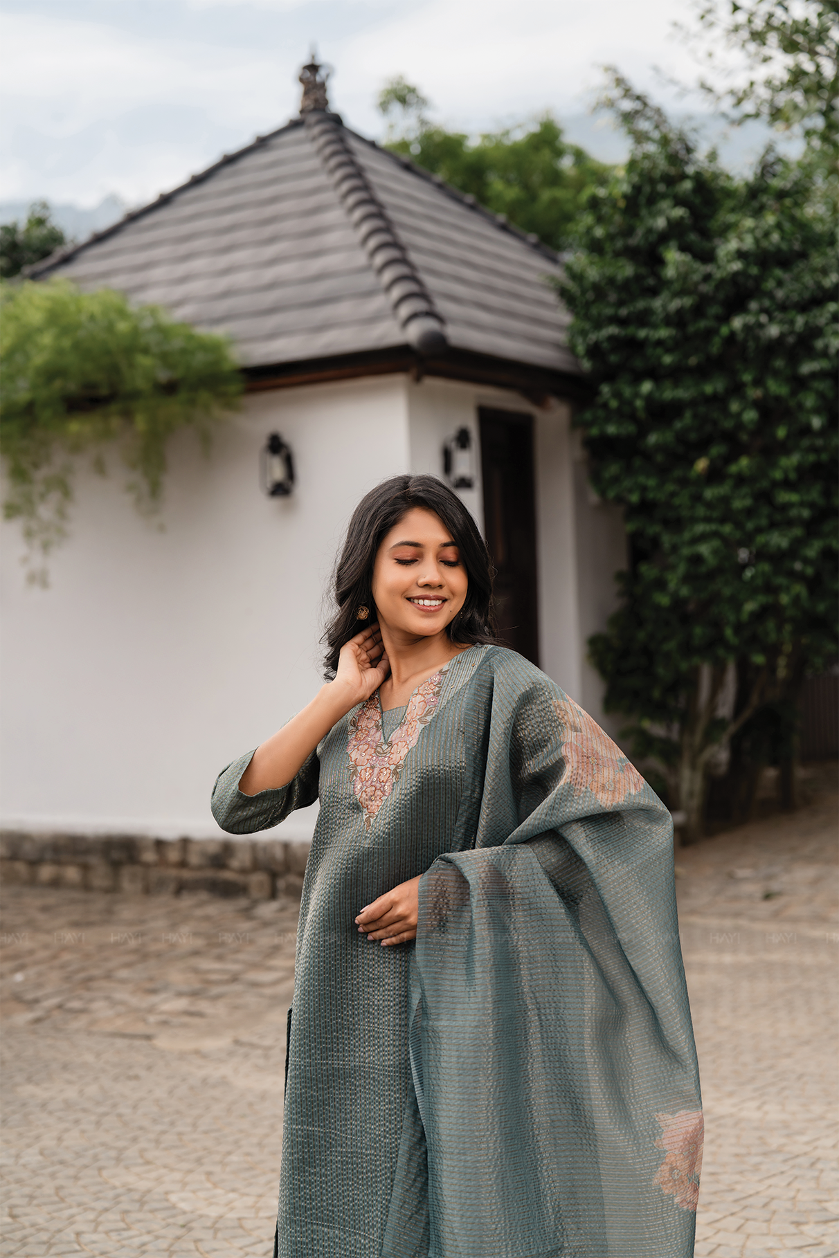 Green Mist 3 Piece Crush Silk Blend Floral Hand-Embroidered Kurta with Pant & Dupatta