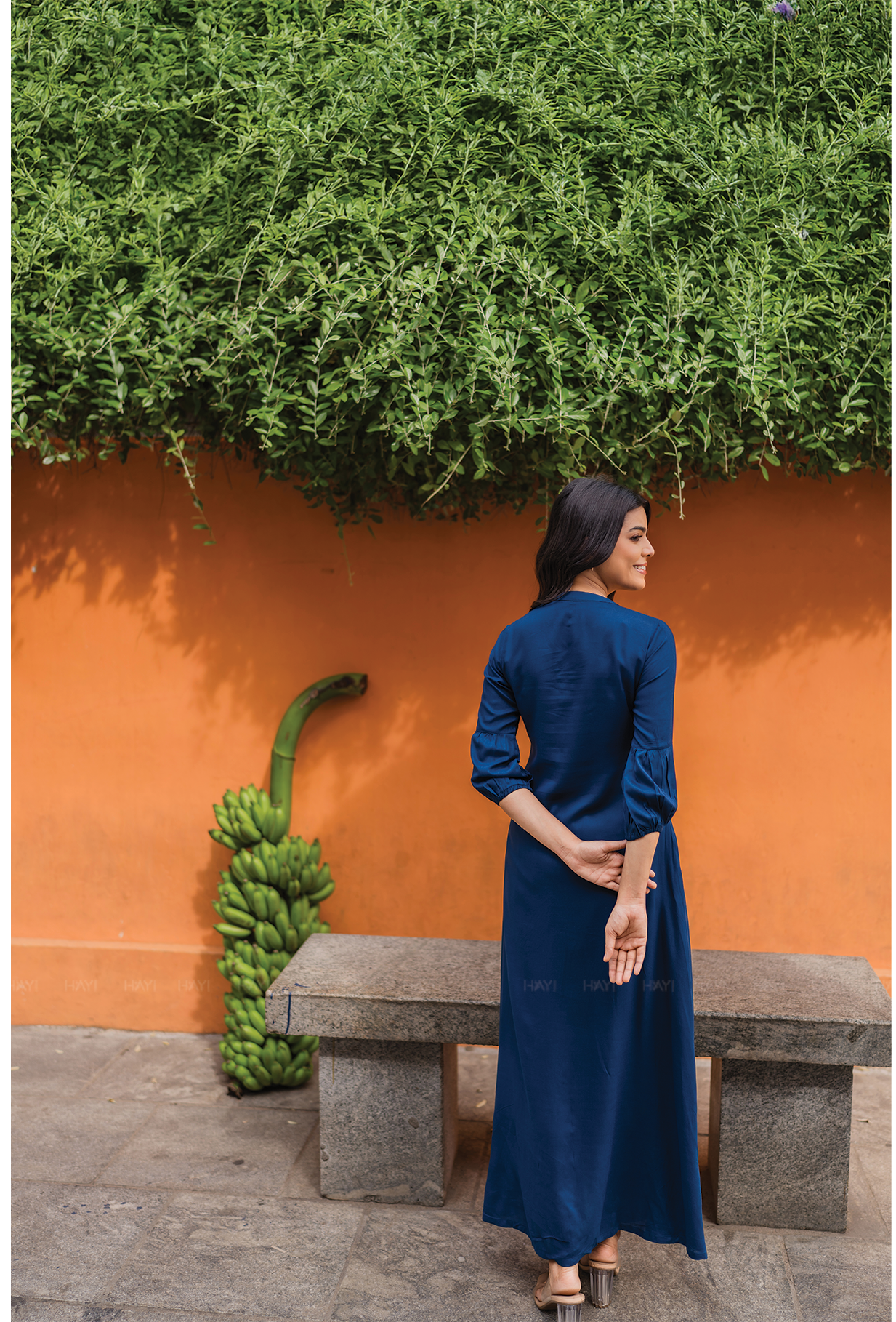 Indigo Heron with green printed Viscose Dress