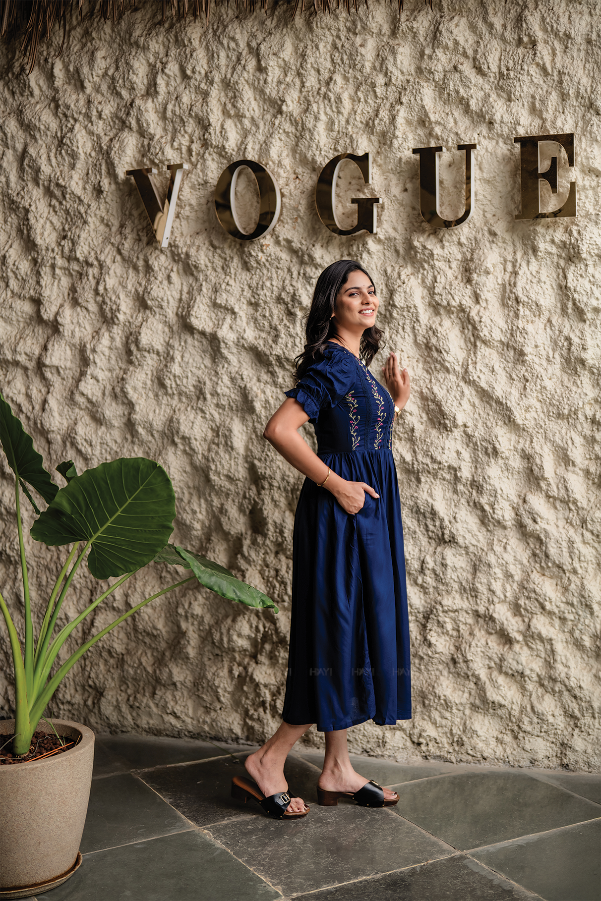 Rosevine Whisper Navy Embroidered Viscose Dress with Boat Neck & Elbow-Length Puff Sleeves