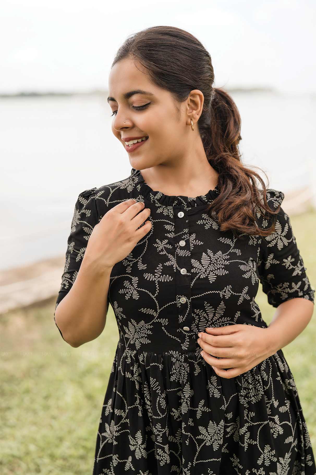 Regal Black with Molten Vines floral Printed Maternity and Feeding Viscose Dress