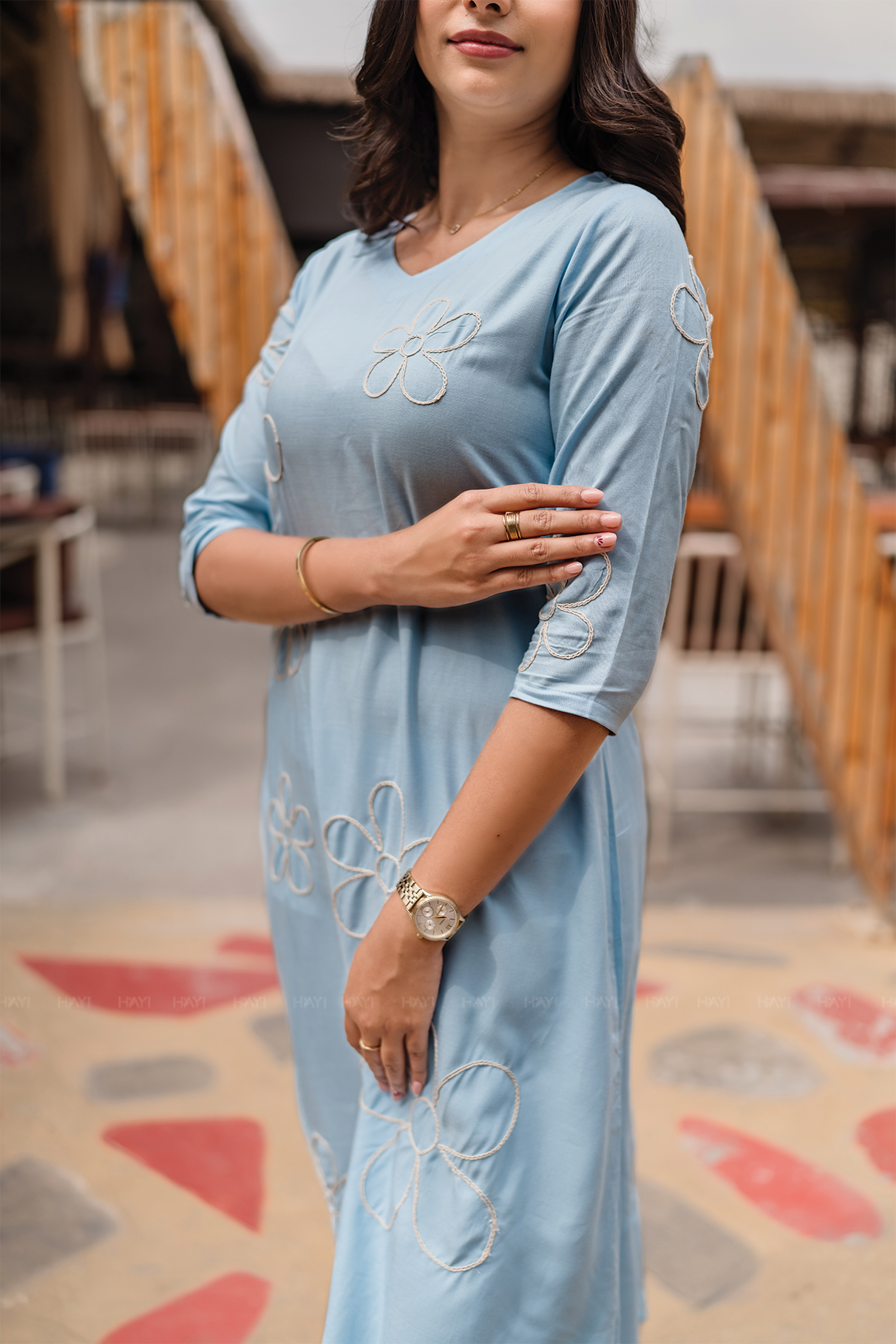 Floral Mirage Blue Viscose Co-ord with Curved V-Neckline & 3/4th Sleeves