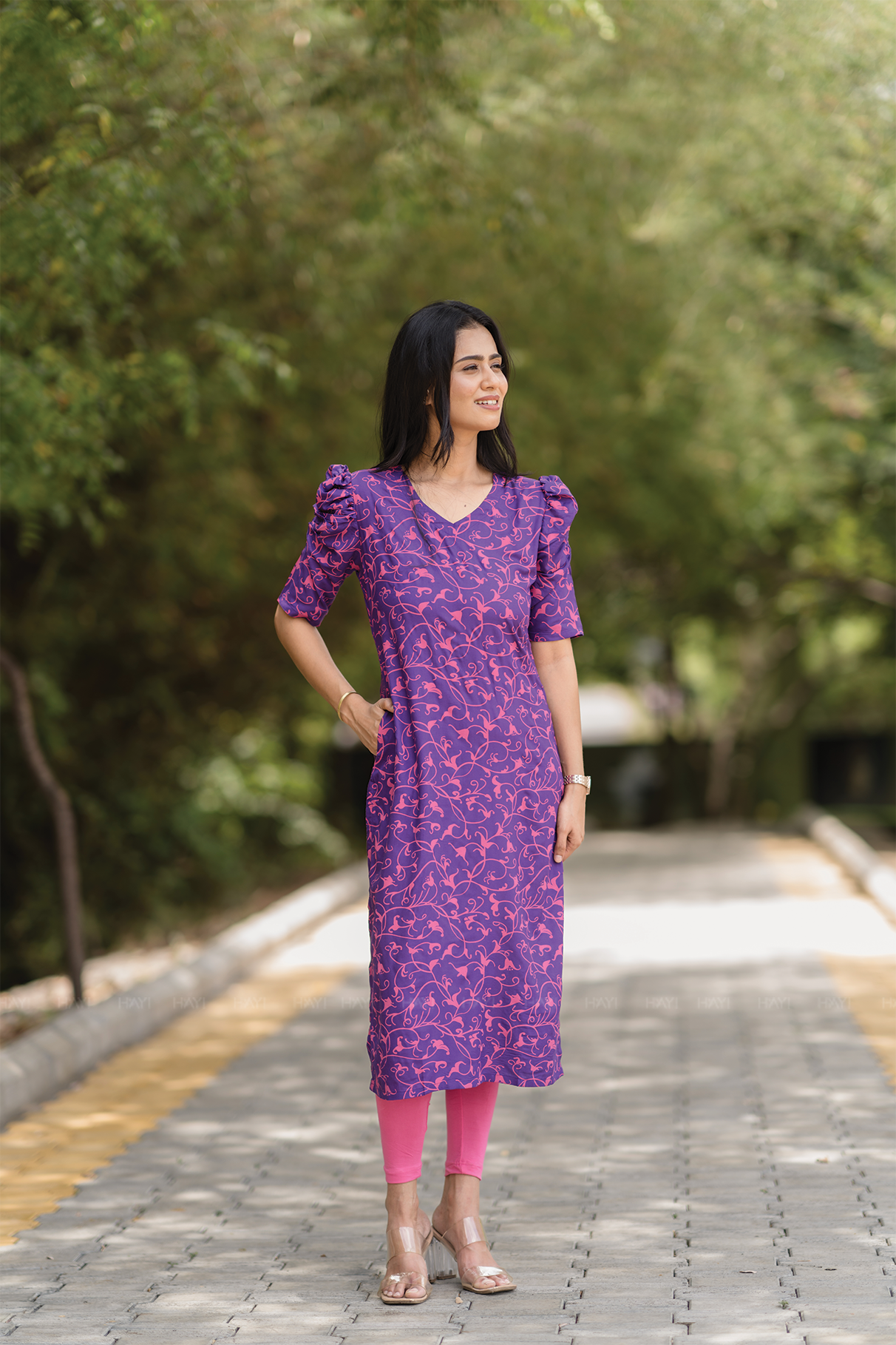 Lunar Violet with Twilight Tango floral printed Viscose Kurta