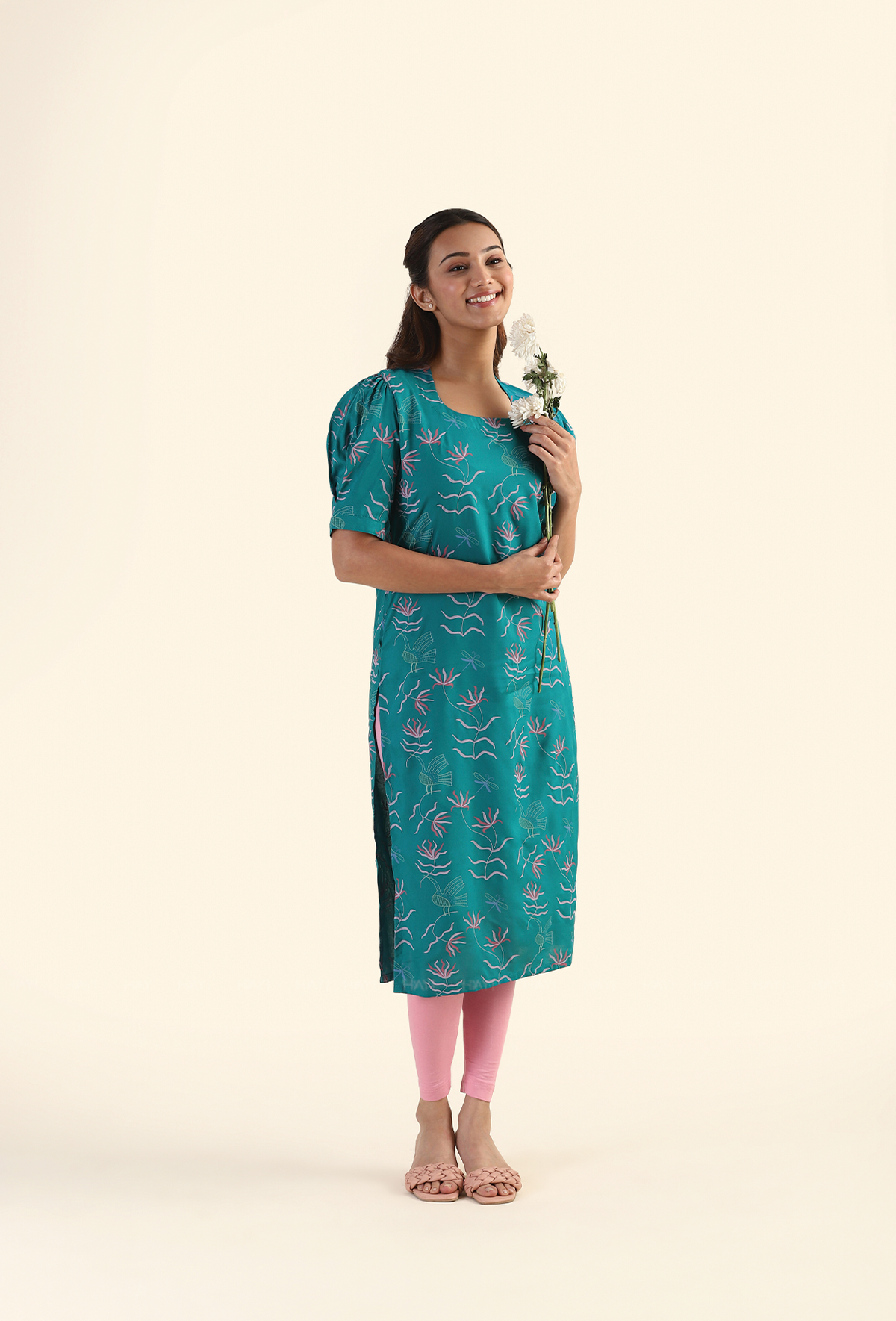 Botanical Teal Moss & Roses Viscose Kurta