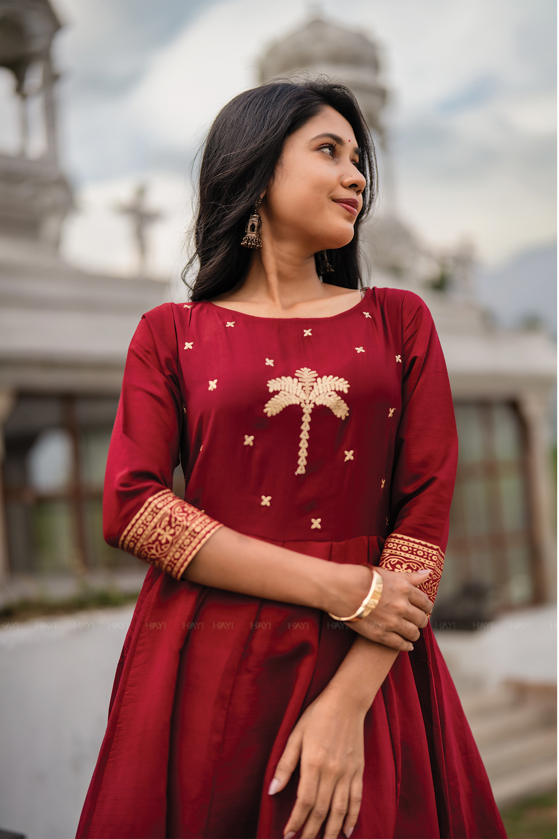 Palm Lustre Deep Red Viscose Placement Print Embroidered Anarkali with Round Neck & 3/4th Sleeves