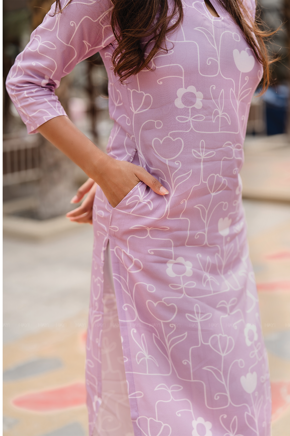 Floral Code Pink Viscose Kurti with Chinese neck with Keyhole & 3/4th Sleeves