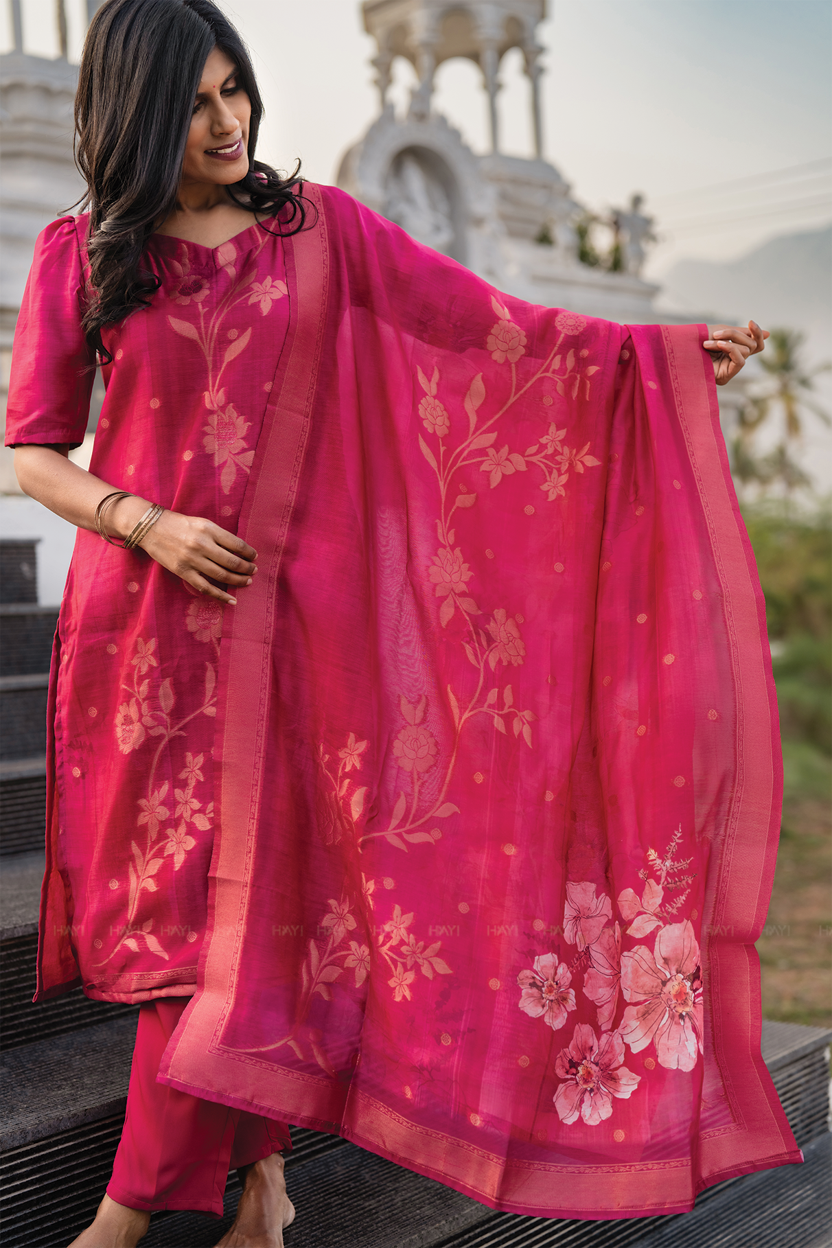 Rosewood Reddish Pink 3 Piece Jacquard Silk Blend Floral Placement Printed Kurta with Pant & Dupatta