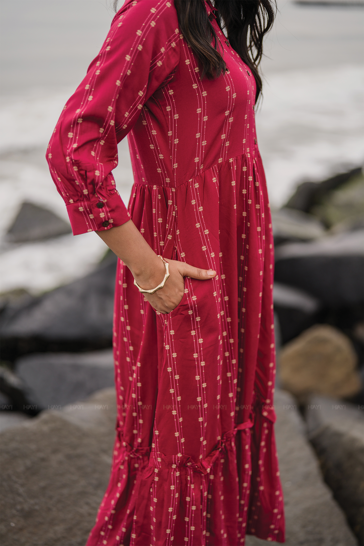 Dark Pink with Nomadic Whispers printed Viscose Dress