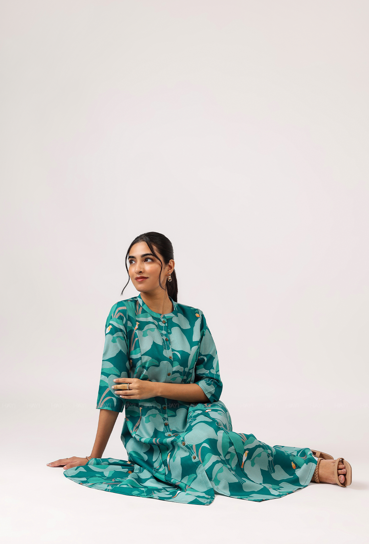 Mosaic Green with Dreamy Forest printed Linen Blend A-line Dress