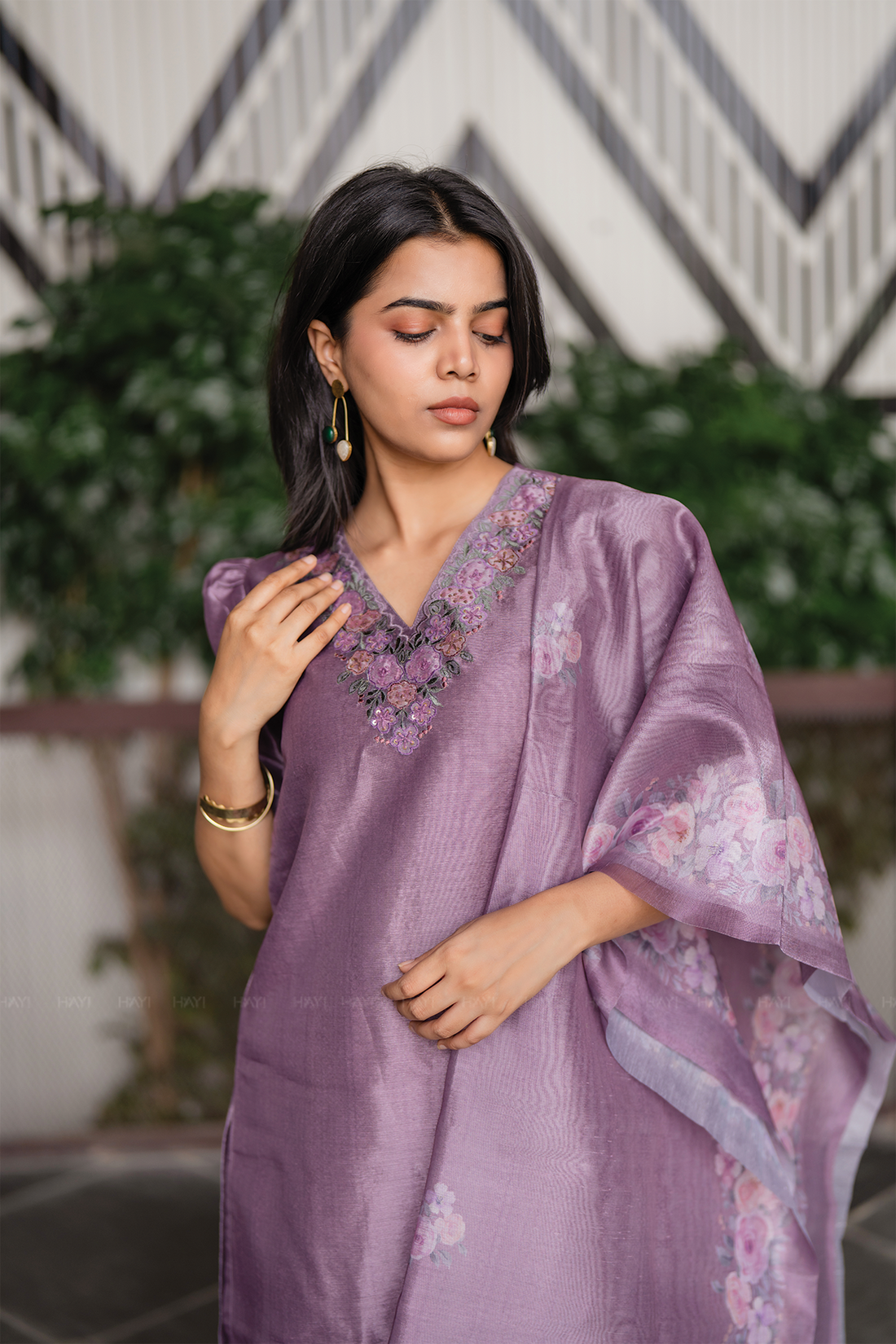 Divine Lilac Lavender Embroidered 3 Piece Organza Silk Blend Kurti Set with Dupatta