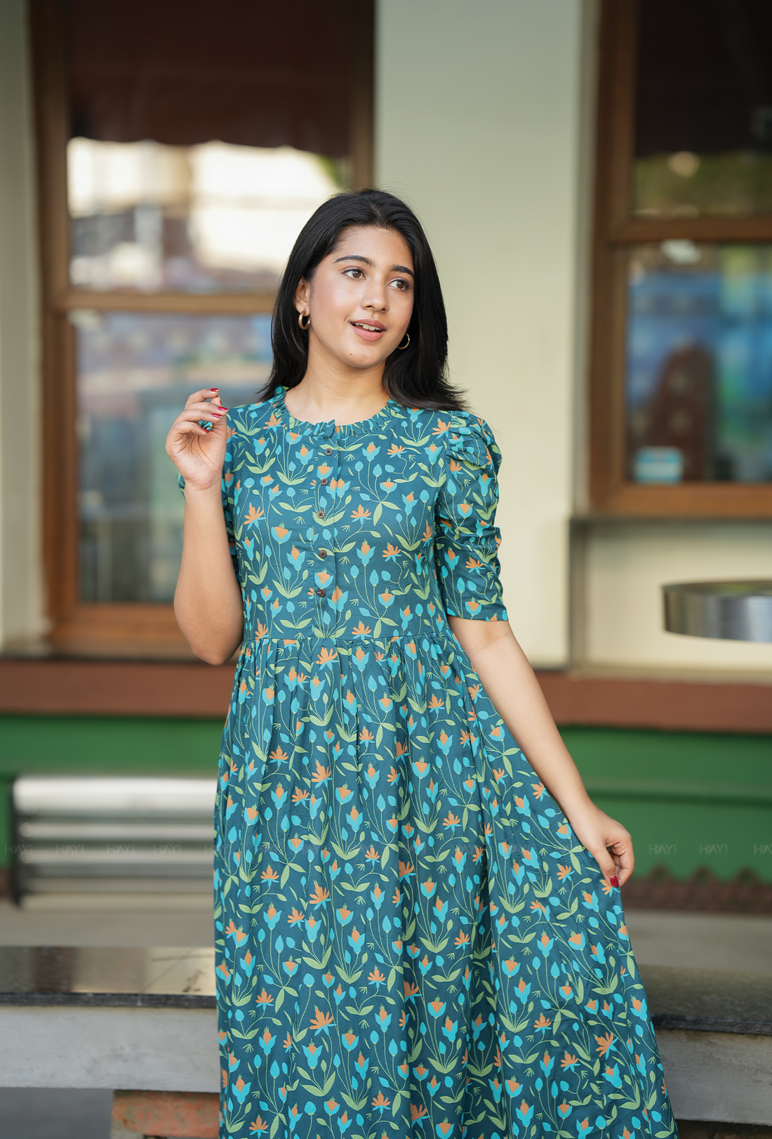 Flare Green with Lush Bloomlet floral printed Maternity and Feeding Dress