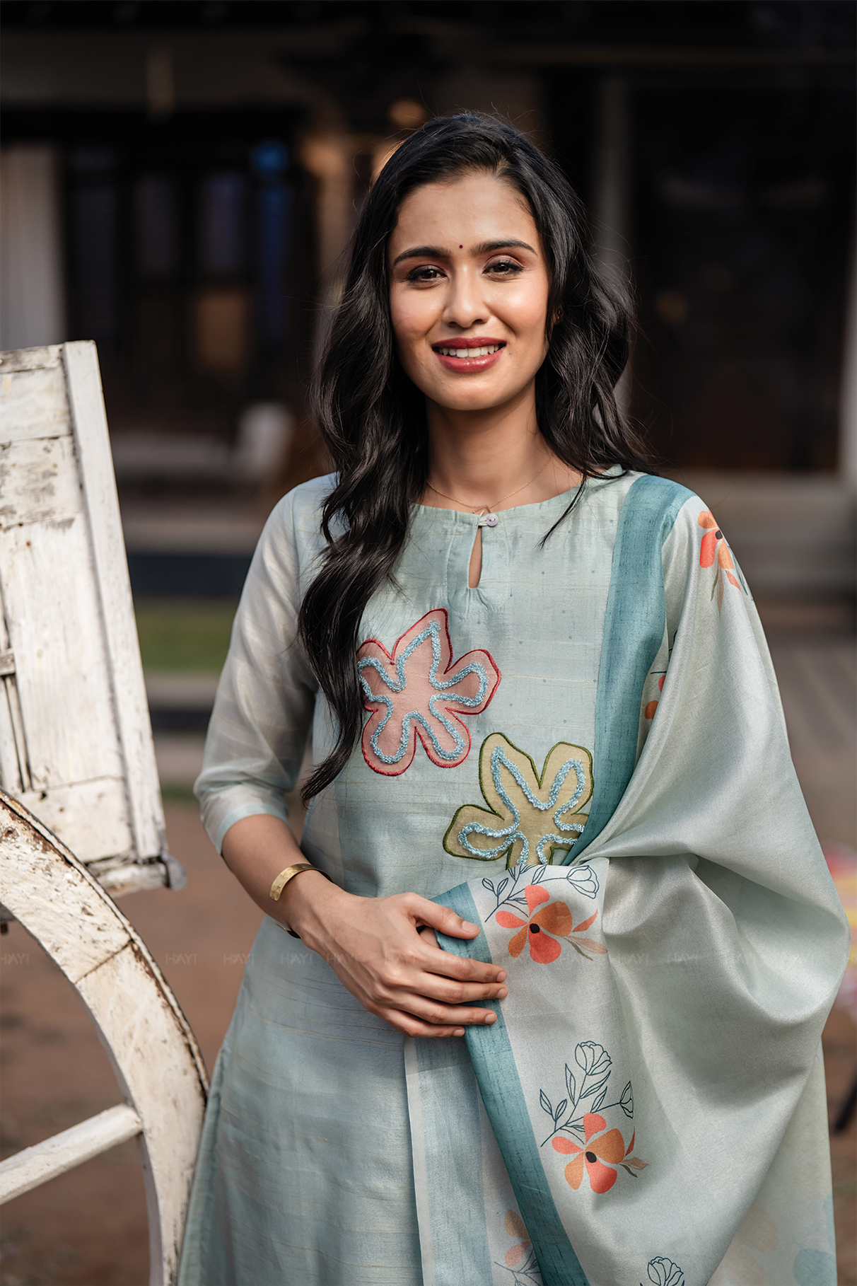 Blueish Blue 3 Piece Tussar Silk Blend Printed Hand-Embroidered Kurta with Pant & Dupatta