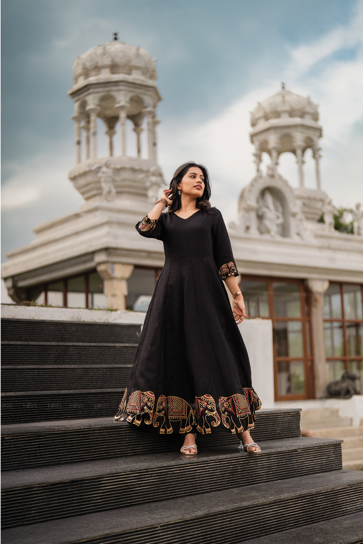 Elephora Black Viscose Foil Printed Anarkali with V-Neck & 3/4 Sleeves