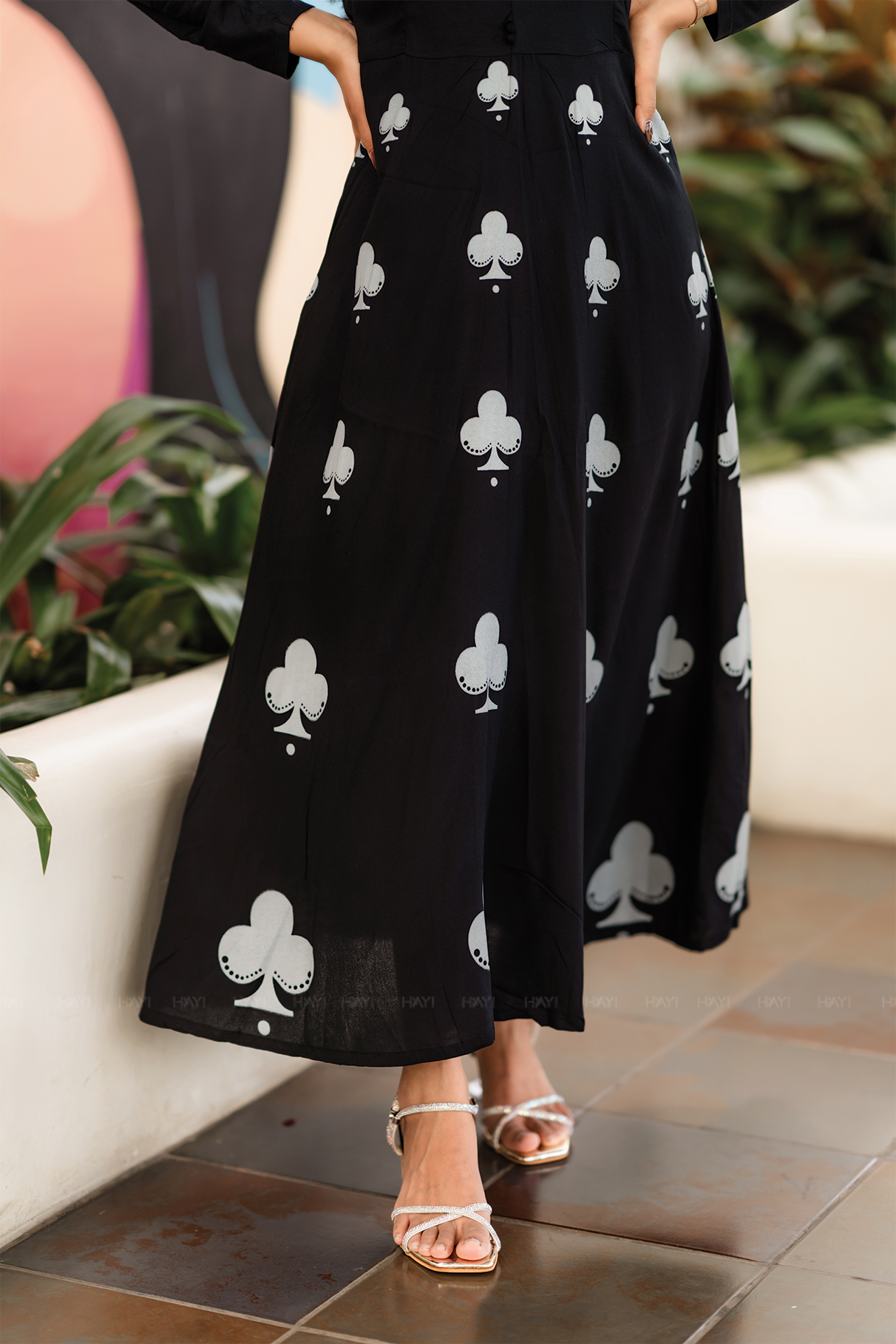 Clover Black Viscose Blend Dress with V-Neck and Light Puff Sleeves