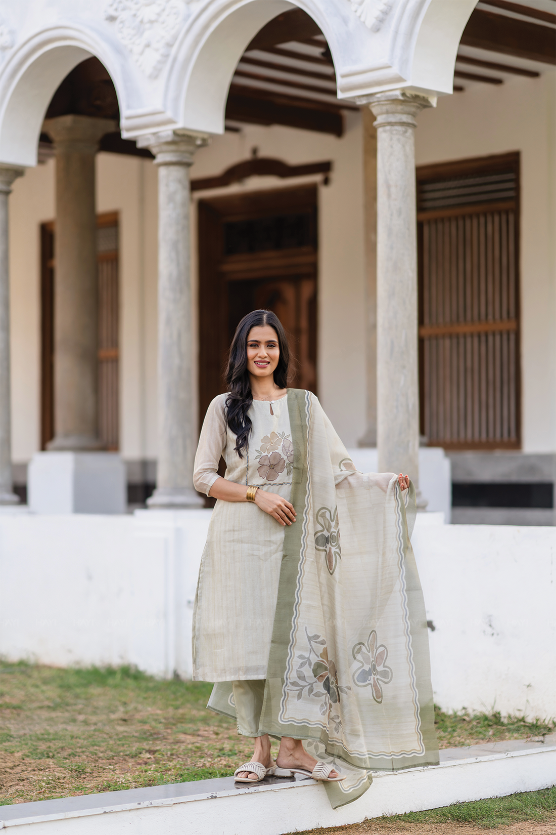 Pista Noor 3 Piece Tussar Silk Blend Printed Embroidery Kurta with Pant & Dupatta