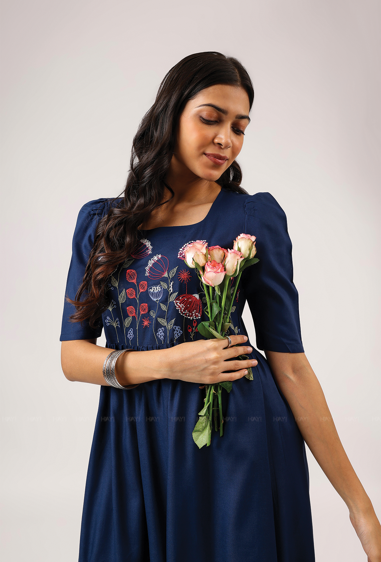 Dark Blue with Hovering Dreams floral Embroidery Viscose Dress