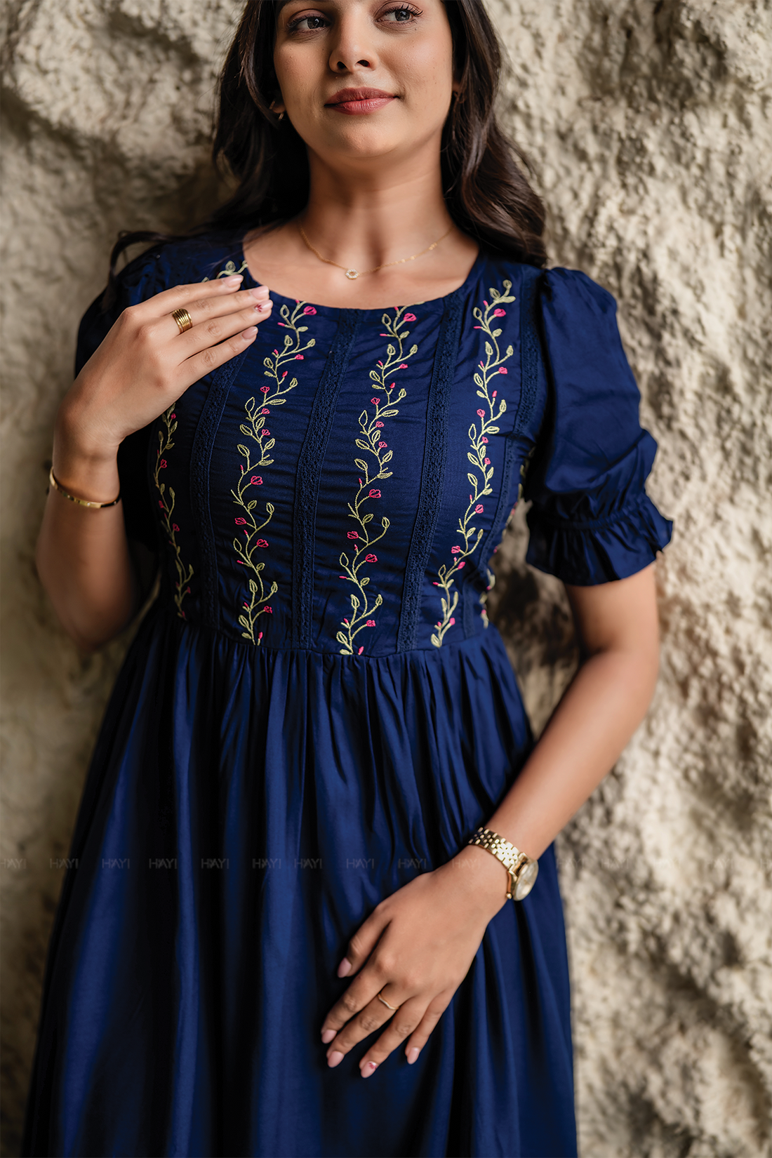 Rosevine Whisper Navy Embroidered Viscose Dress with Boat Neck & Elbow-Length Puff Sleeves