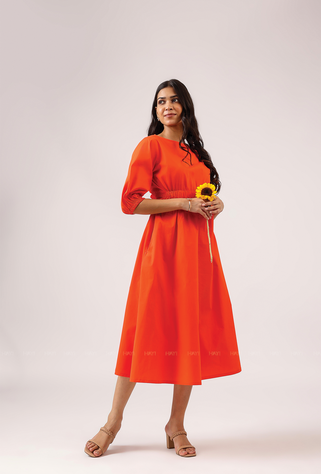 Crush Code Orange Boat Neck With Puff Sleeve Dress