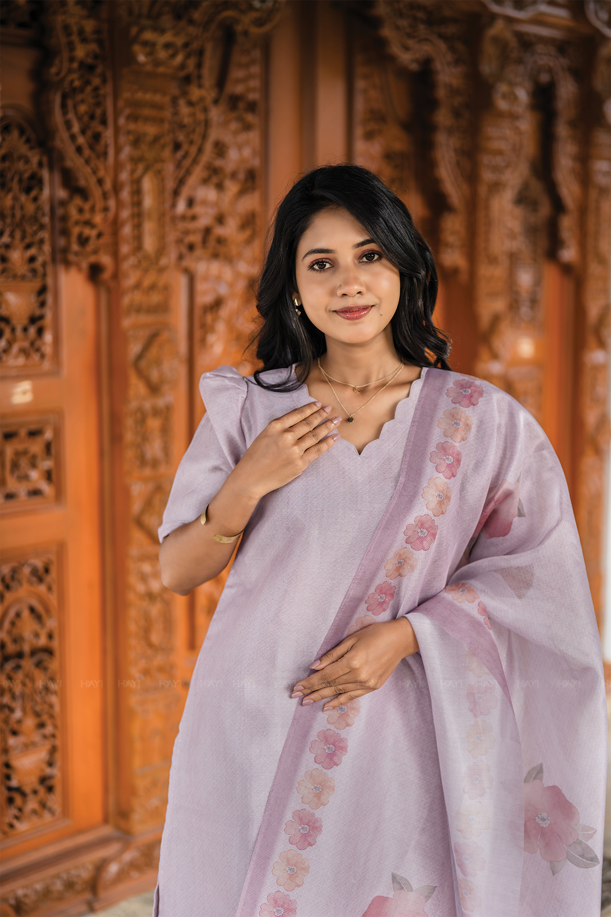 Lilac Blossom 3 Piece Crush Silk Blend Hand-Embroidered Kurta with Pant & Dupatta