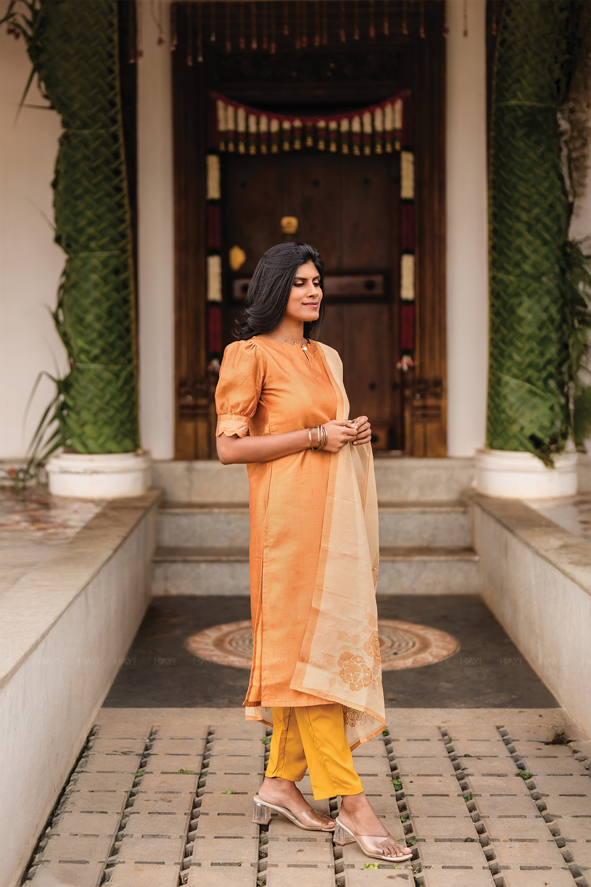 Aurel Yellow 3 Piece Tussar Silk Blend Printed Kurta with Pant & Dupatta