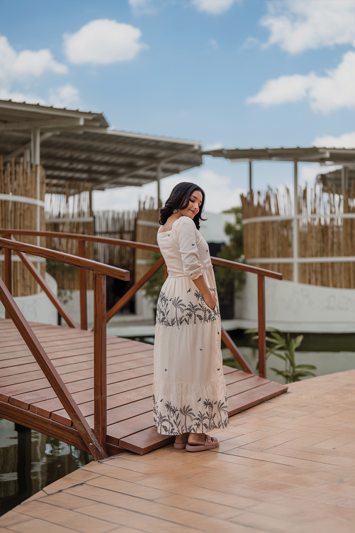 Lush Layers Beige Viscose Dress with Tropical Palm Print