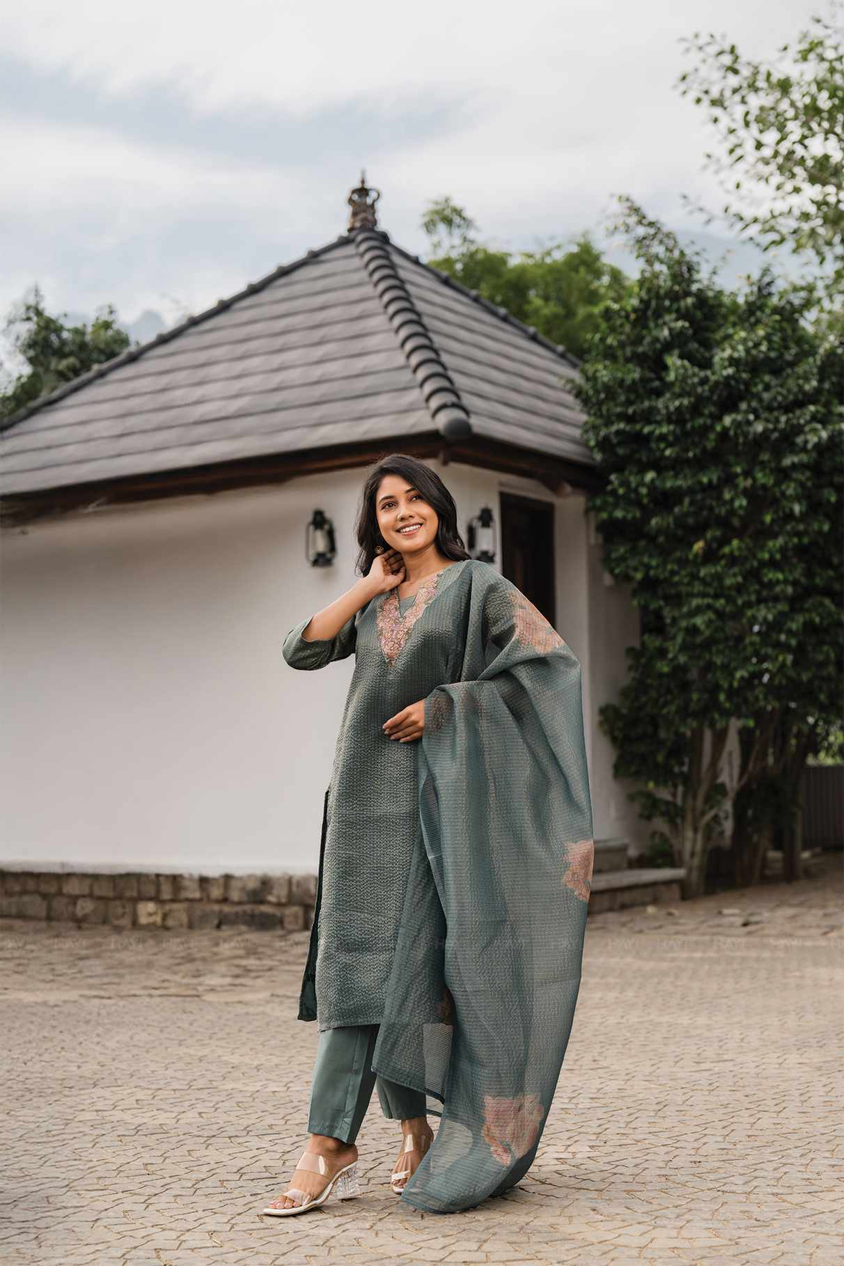 Green Mist 3 Piece Crush Silk Blend Floral Hand-Embroidered Kurta with Pant & Dupatta