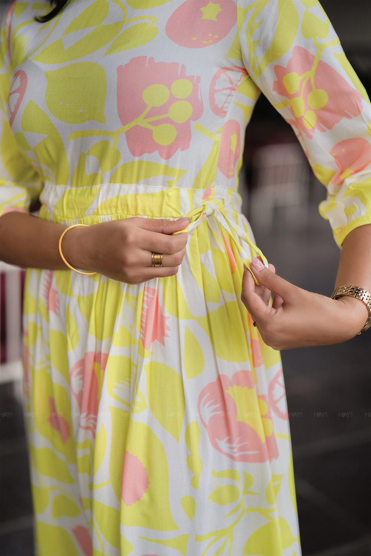 Bloom Breeze Green Viscose Dress with Boat Neck & 3/4th Sleeves