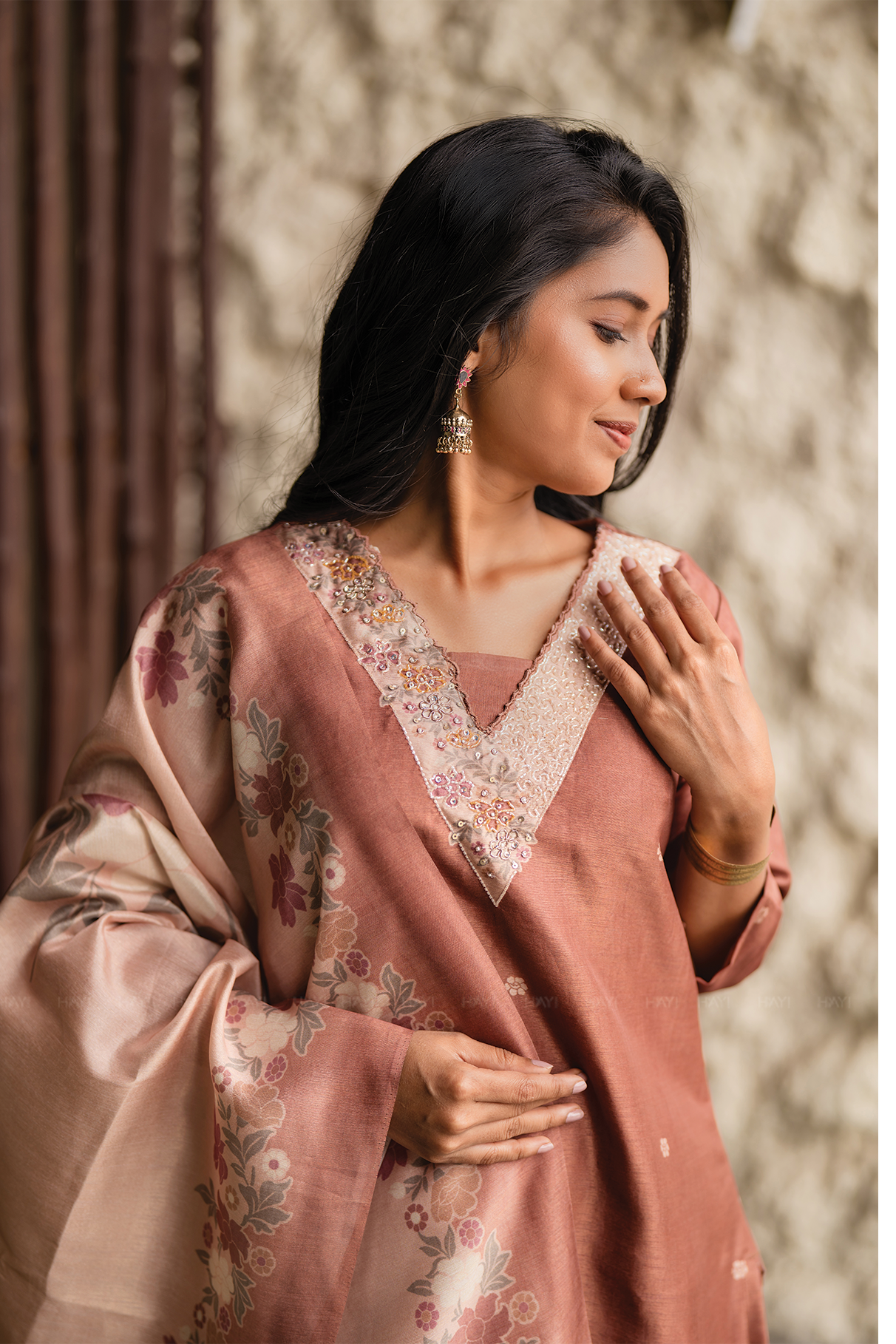 Rubyruche Cinnamon Red Embroidered 3 Piece Organza Silk Blend Kurti Set with Dupatta