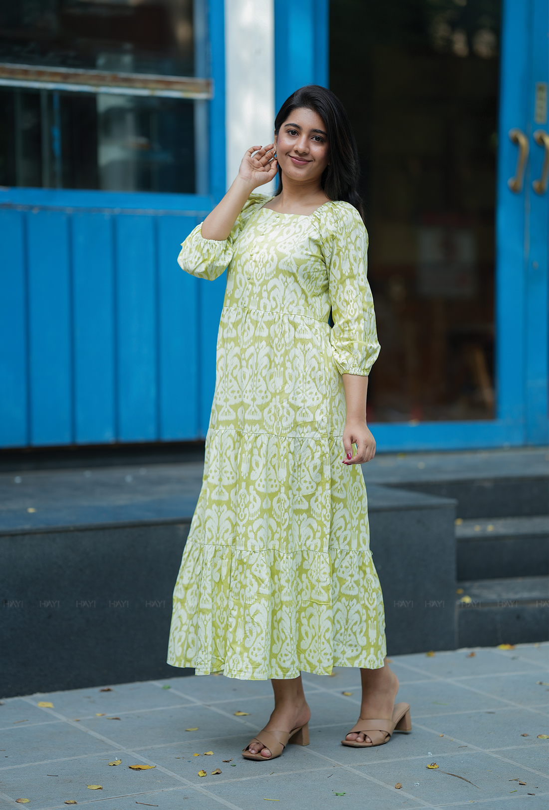 Grandeur Green with Olive Mist Printed Viscose Dress