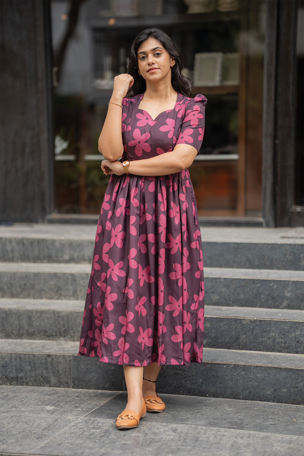 Dark Smoky Bloom Brown Printed Maternity and Feeding Maxi Wear