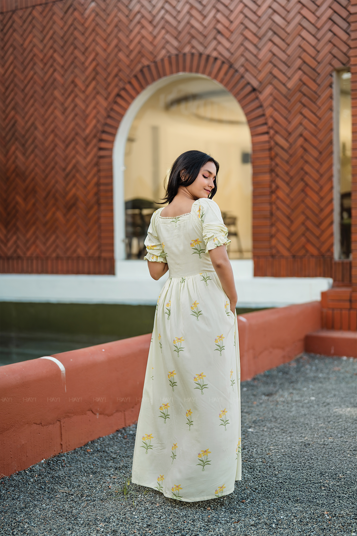 Florabelle Green Viscose Dress with Shoulder Elastic & Frill Sleeves