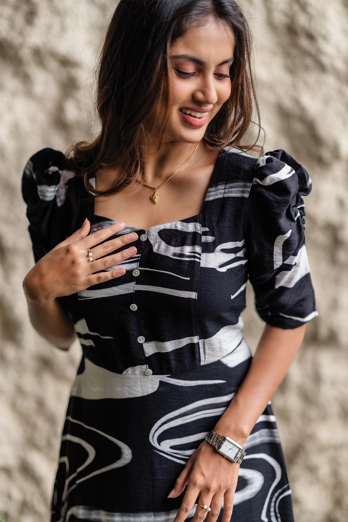 Nod Mosaic Black Viscose Dress with Sweetheart Neck & Half-Ruched Sleeves