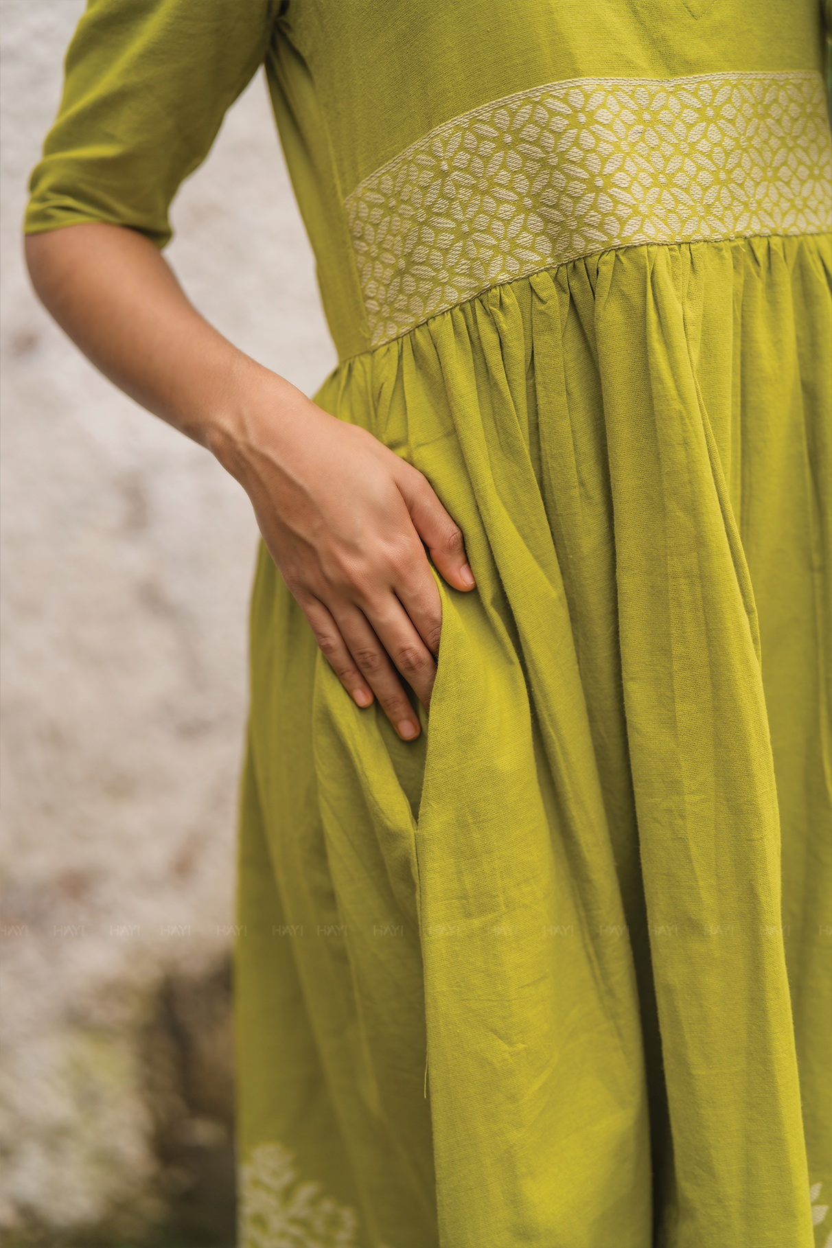 Sage Drape Green Handloom Dress with Sweetheart Neck & Leg-O-Mutton Sleeves