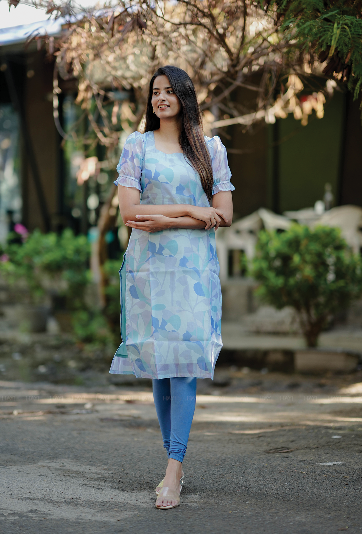 Floret blue with Petal Fusion floral Organza kurta