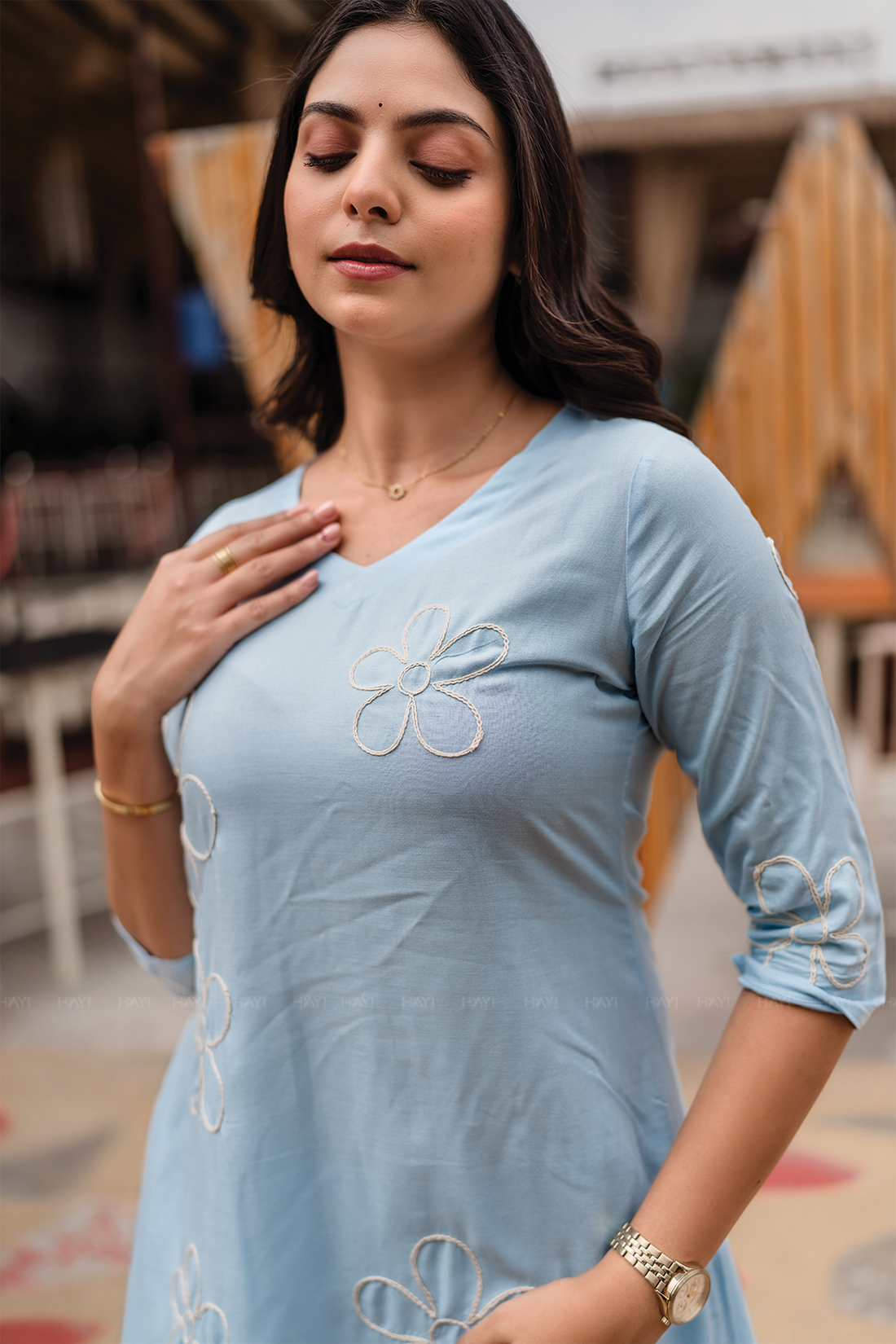 Floral Mirage Blue Viscose Co-ord with Curved V-Neckline & 3/4th Sleeves