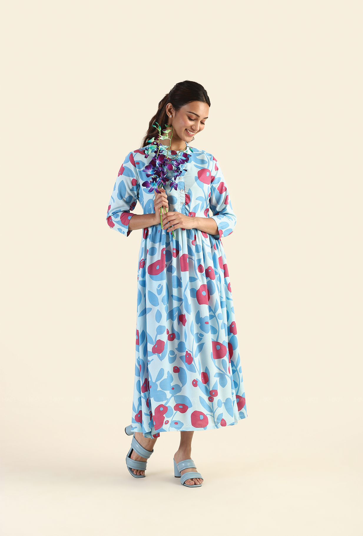 Shuttered Blue Fragmented Flowers Printed Viscose Dress