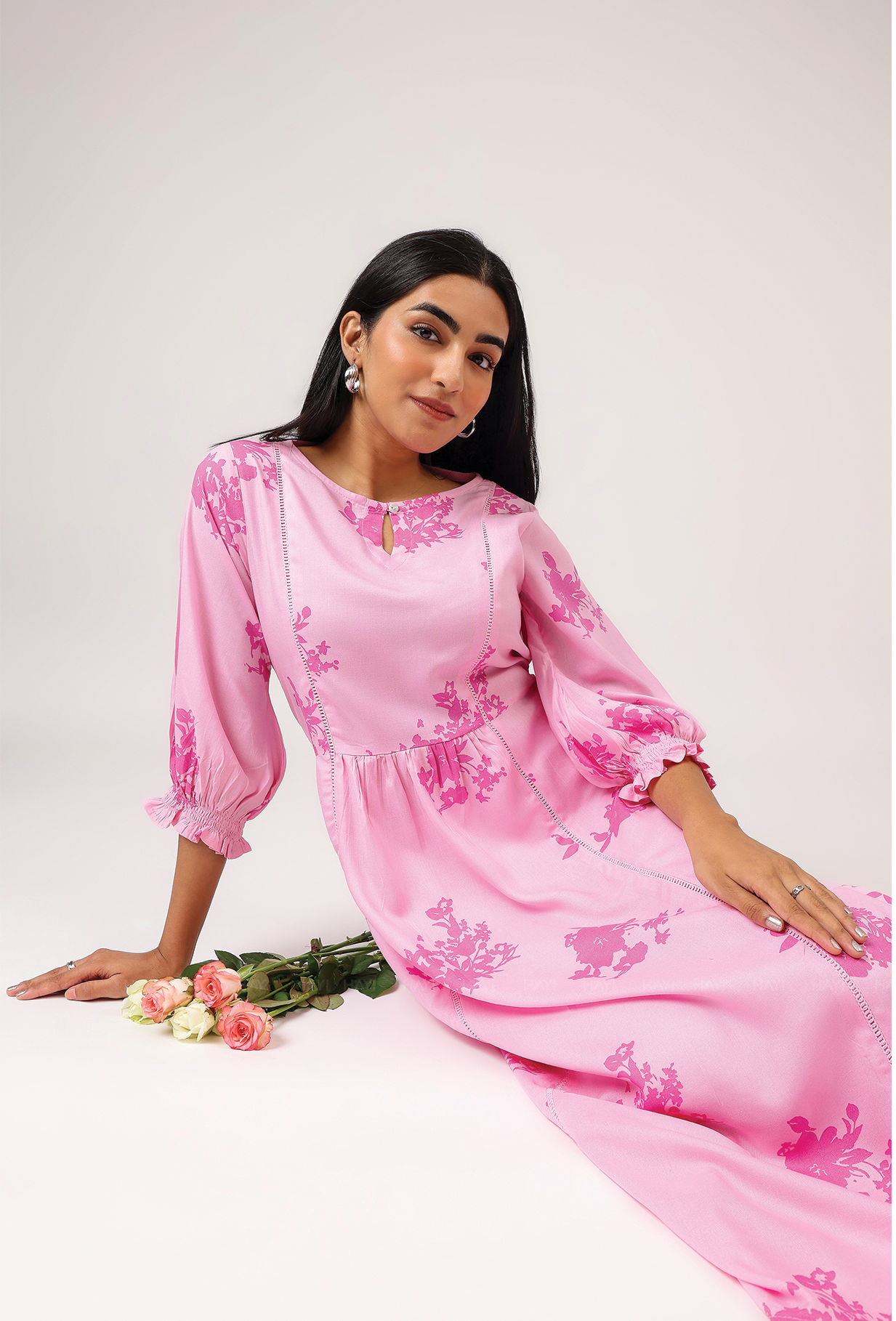 Light Pink with All About Flowers printed Viscose A-line Dress