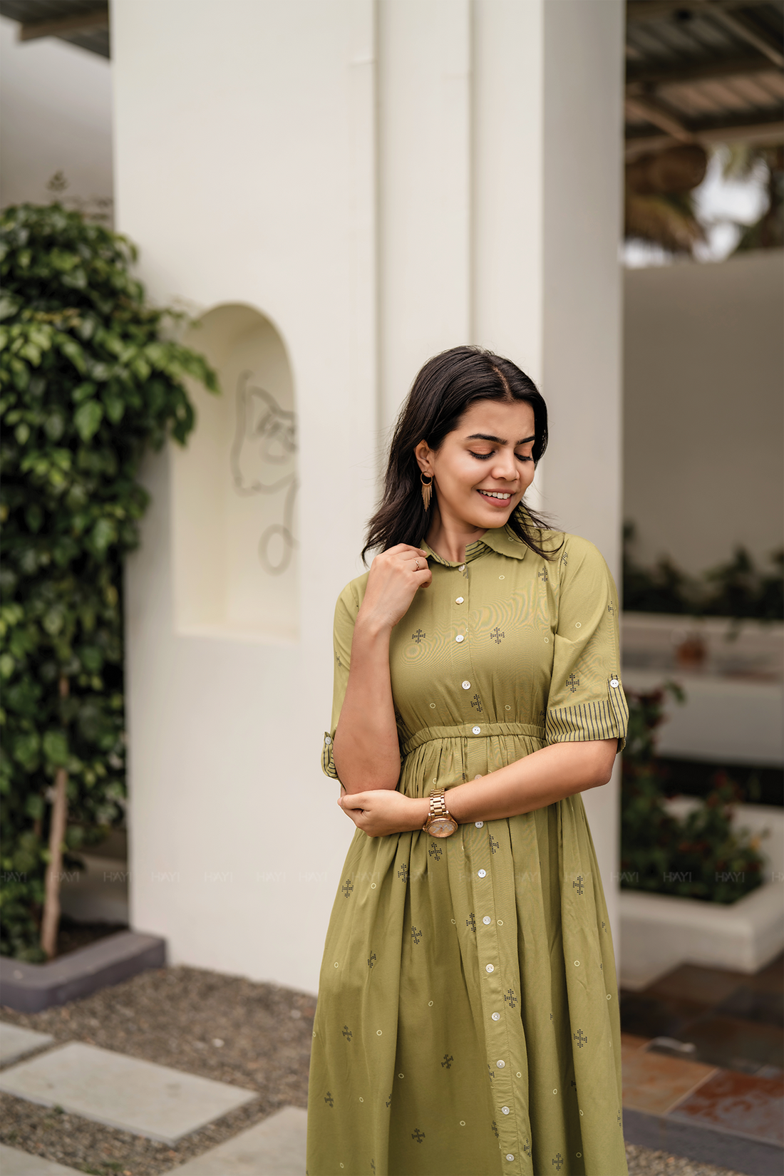 Goldenrod Yellow Viscose Dress with Shirt Collar & Elbow Sleeves