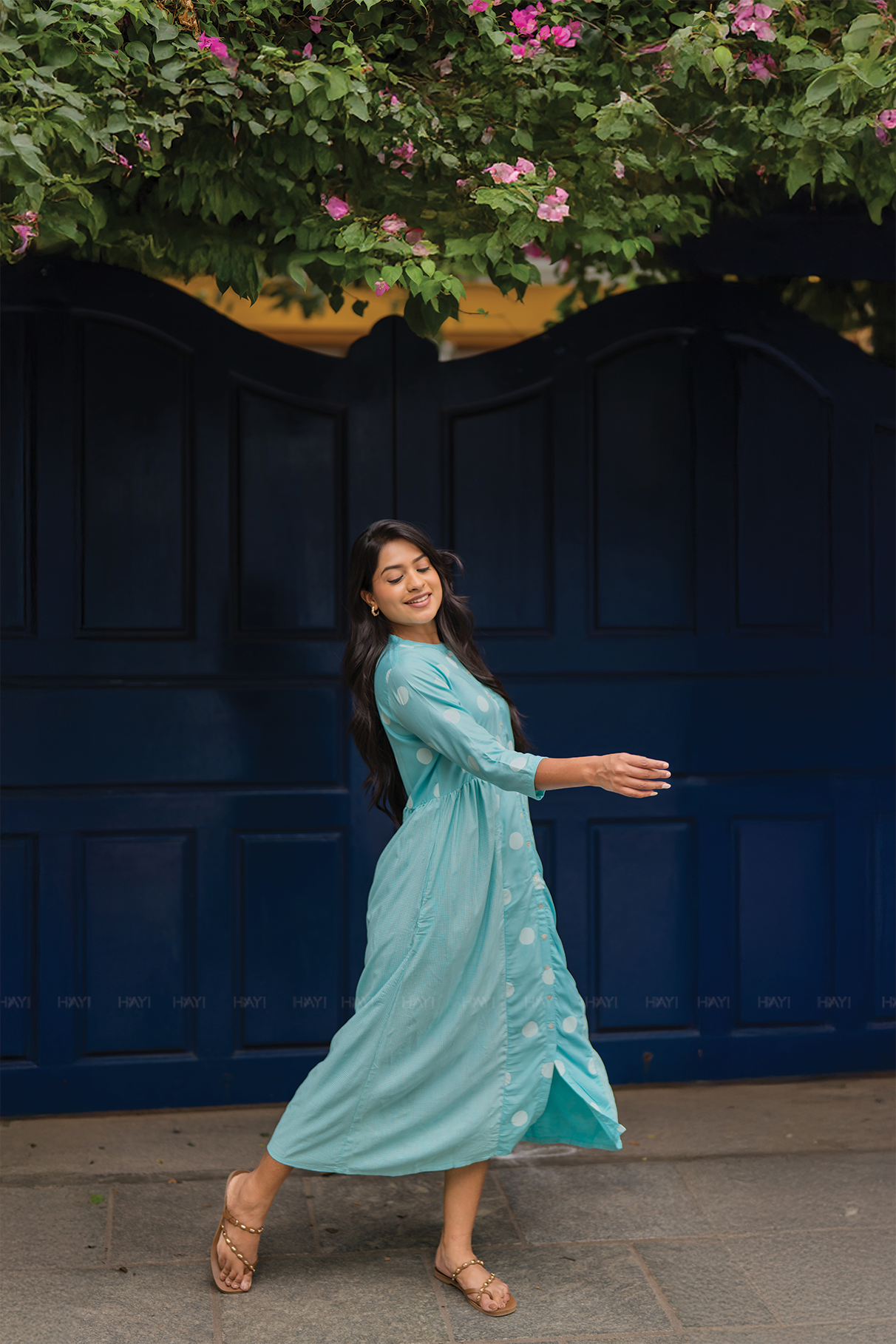 Fog Blue with Mist Pleats printed Viscose A-line Dress